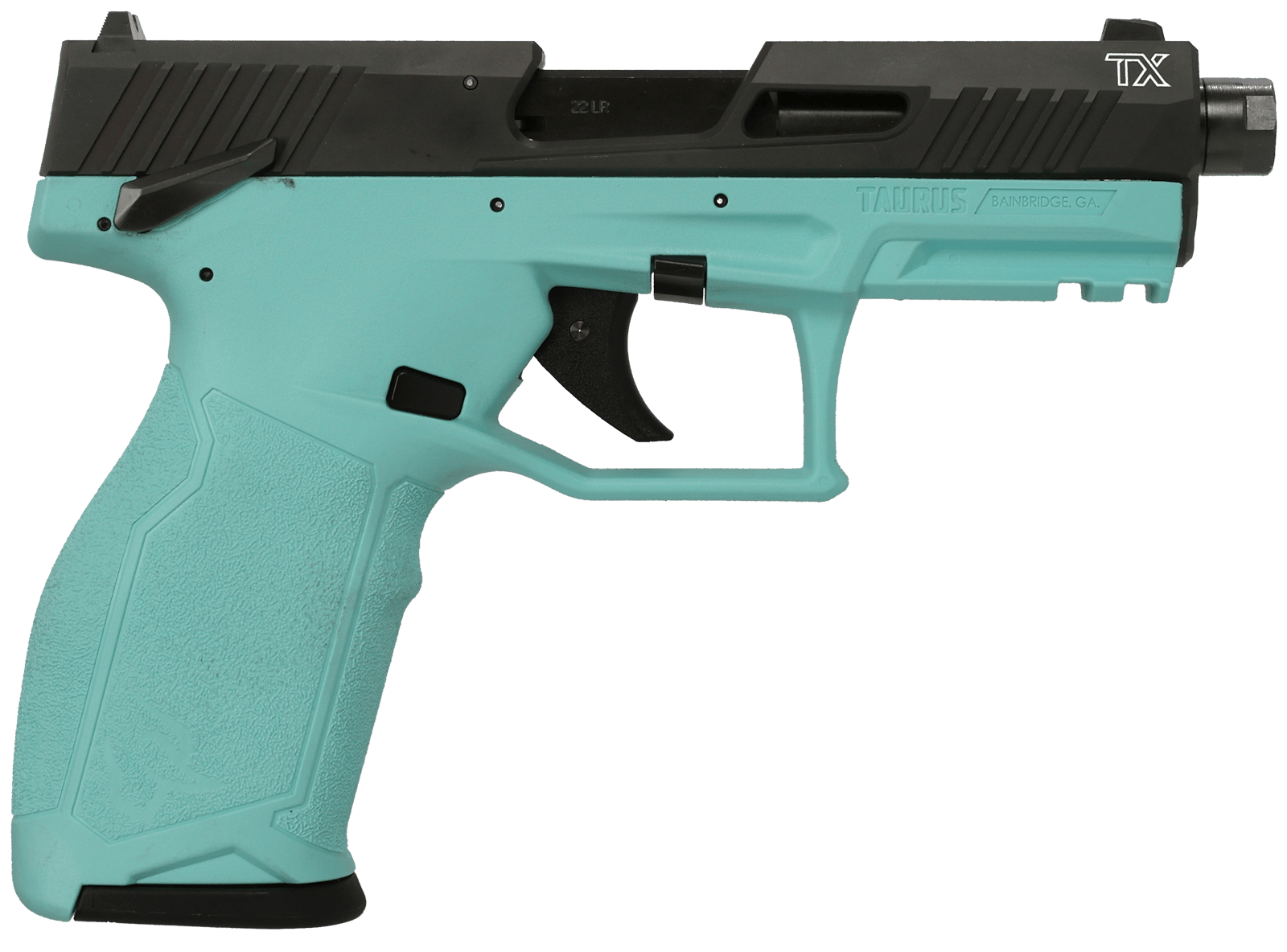 Taurus 1-2TX22141C-10 2TX  Full Size Frame 22 LR 10+1 4.60" Matte Black Threaded Barrel, Black Anodized Serrated Slide, Matte Cyan Polymer Frame w/Picatinny Rail, Textured Grip