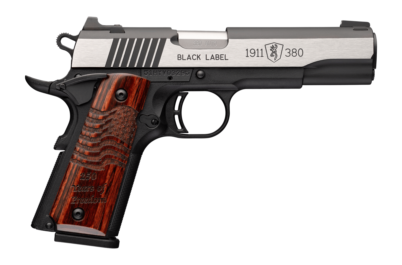 Browning 051122492 1911 Black Label Medallion Pro 250 Full Size 380 ACP 10+1 4.25" Matte Stainless Barrel, Blackened w/Silver Polished Flats Stainless Steel Serrated Slide, Matte Black Polymer Frame w