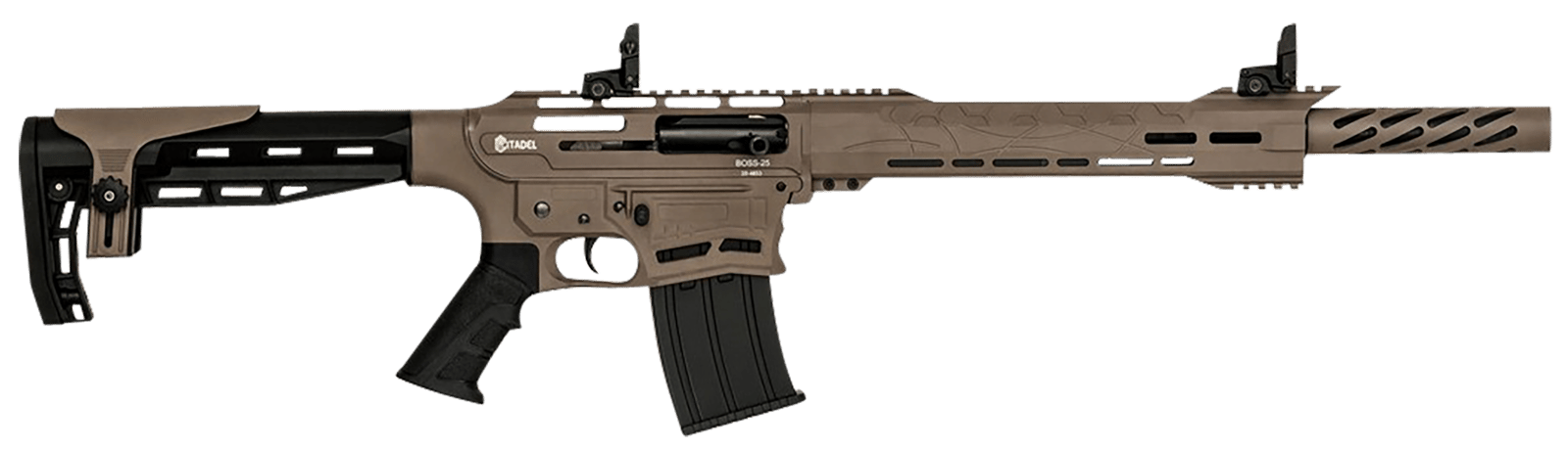 Citadel CBOSS2512FDE Boss25  12 Gauge Semi-Auto 3" 5+1 18.75" Black Steel Threaded Barrel, Flat Dark Earth Picatinny Rail Aluminum Receiver, Picatinny Handguards, Black Adj Cheek Riser Synthetic Stock