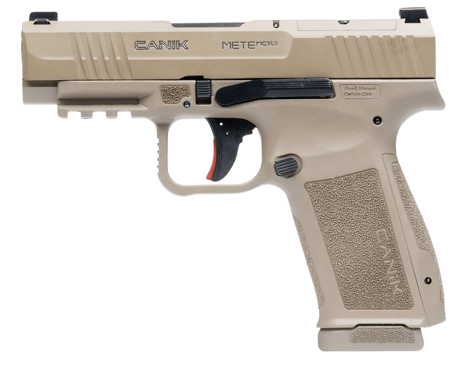 Canik HG7885CAD-N Mete MC9LS *CA Compliant 9mm Luger 10+1 3.63" Black Steel Barrel, Desert Cerakote Steel Serrated Slide, Flat Dark Earth Polymer Frame w/Picatinny Rail, Interchangeable Backstrap Grip