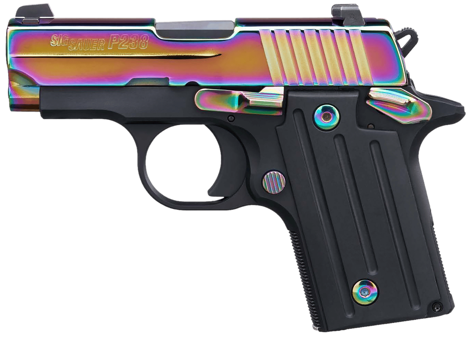Sig Sauer 238380RBT2 P238  Micro-Compact Frame 380 ACP 6+1 2.70" Black Steel Barrel, High Polished Rainbow Titanium PVD Serrated Stainless Steel Slide, Black Anodized Alloy Steel Frame, Polymer Grip