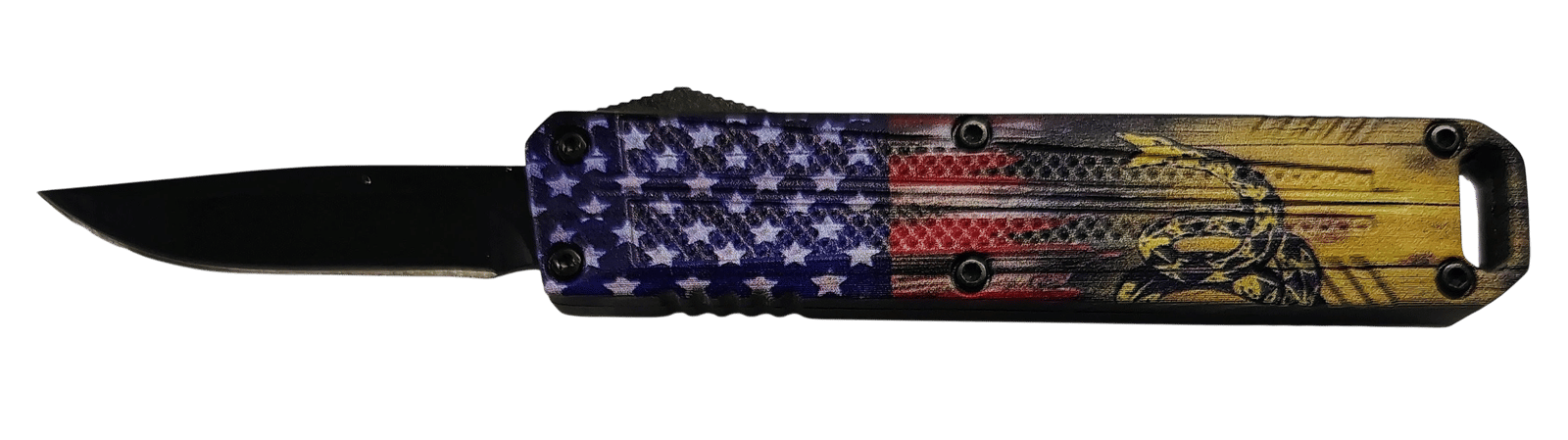 Xcaliber Knife Company  Drop Point  Mini 1.80" OTF Drop Point Plain Black 440C SS Blade, 3.52" US Flag Aluminum Handle