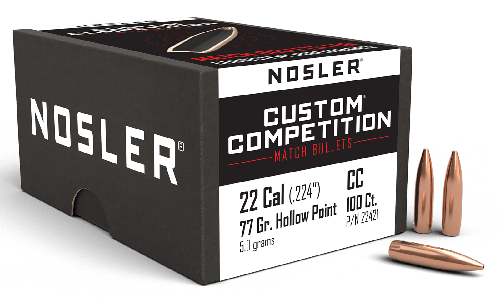 Nosler 22421 Custom Competition 22Cal 77gr Hollow Point Boat Tail 100/Box