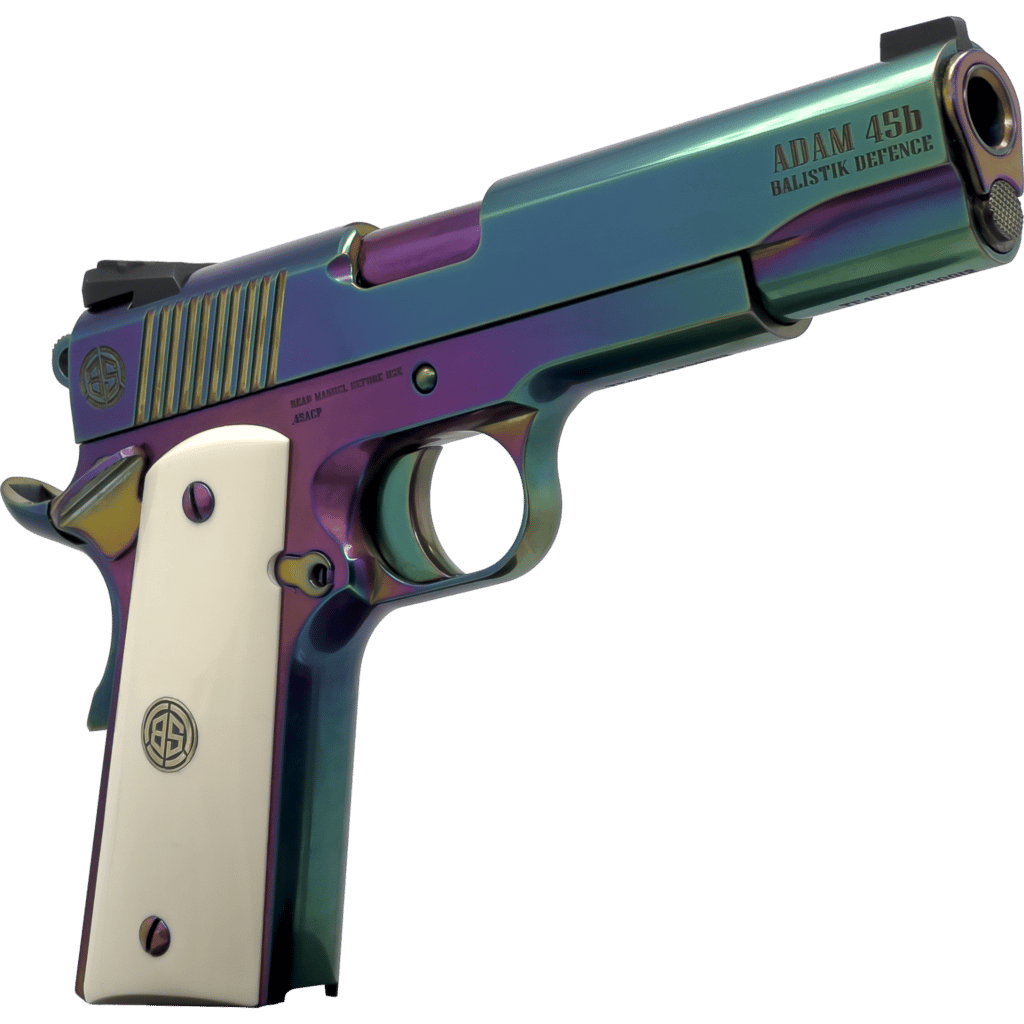 Dickinson LLC DKSN45RBB Adam 1911 Rainbow Full Size 45 ACP 8+1 5" Polished Rainbow PVD Steel B Serrations Slide, Rainbow PVD Steel Frame w/Beavertail
