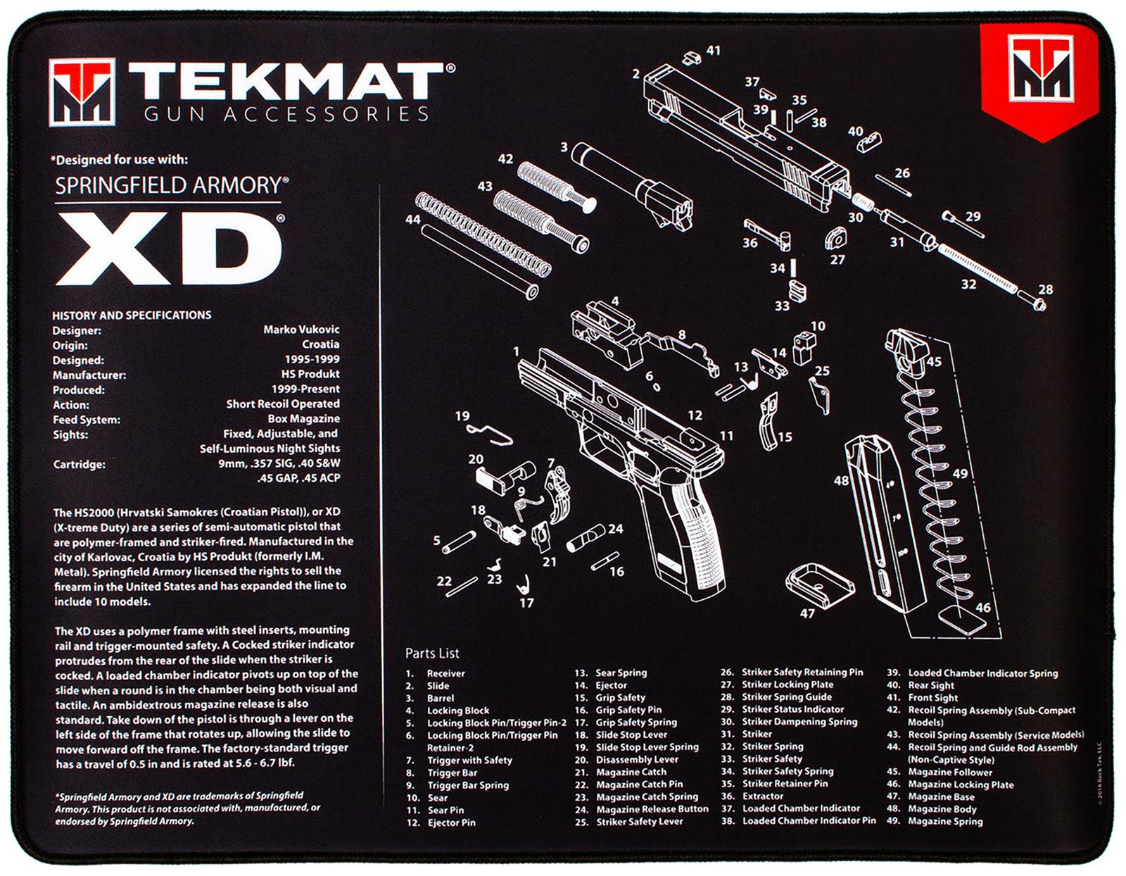 TekMat TEKR20XD Springfield Armory XD Ultra 20 Cleaning Mat Black/White Rubber 15"x20" Springfield Armory XD Parts Diagram