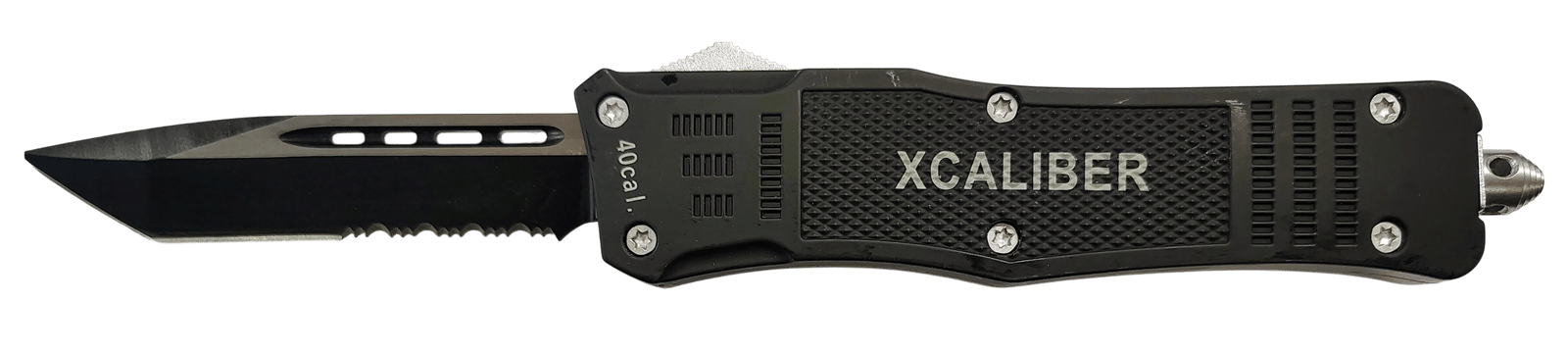 Xcaliber Knife Company  40 Cal  Large 3.80" OTF Tanto Part Serrated Black 440C SS Blade, 5.30" Steel Handle
