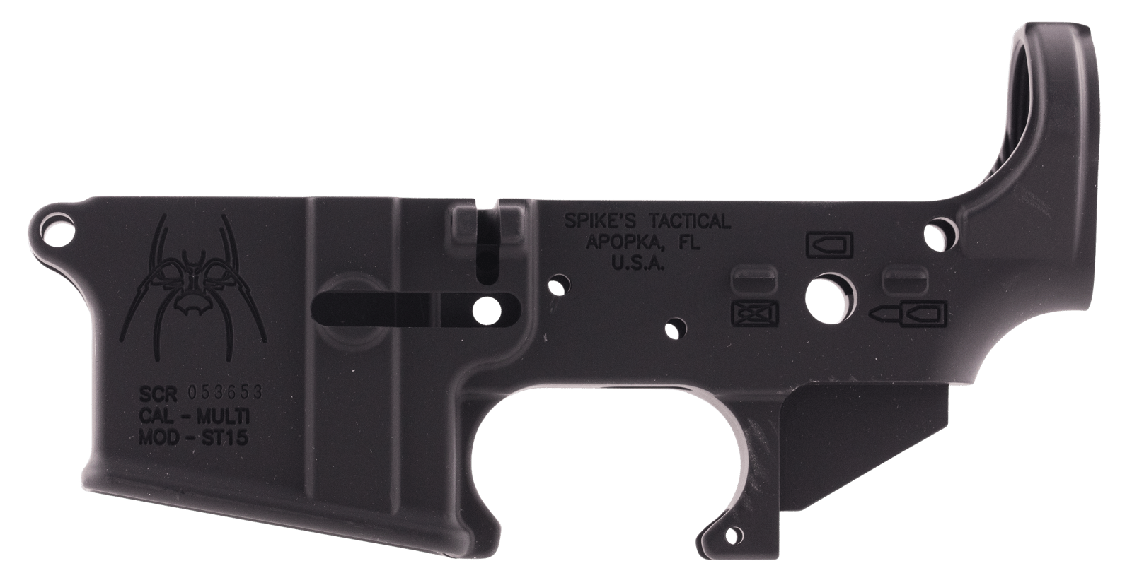 Spikes STLS019 Spider Stripped Lower Receiver with Billet Markings Multi-Caliber 7075-T6 Aluminum Black Anodized for AR-15