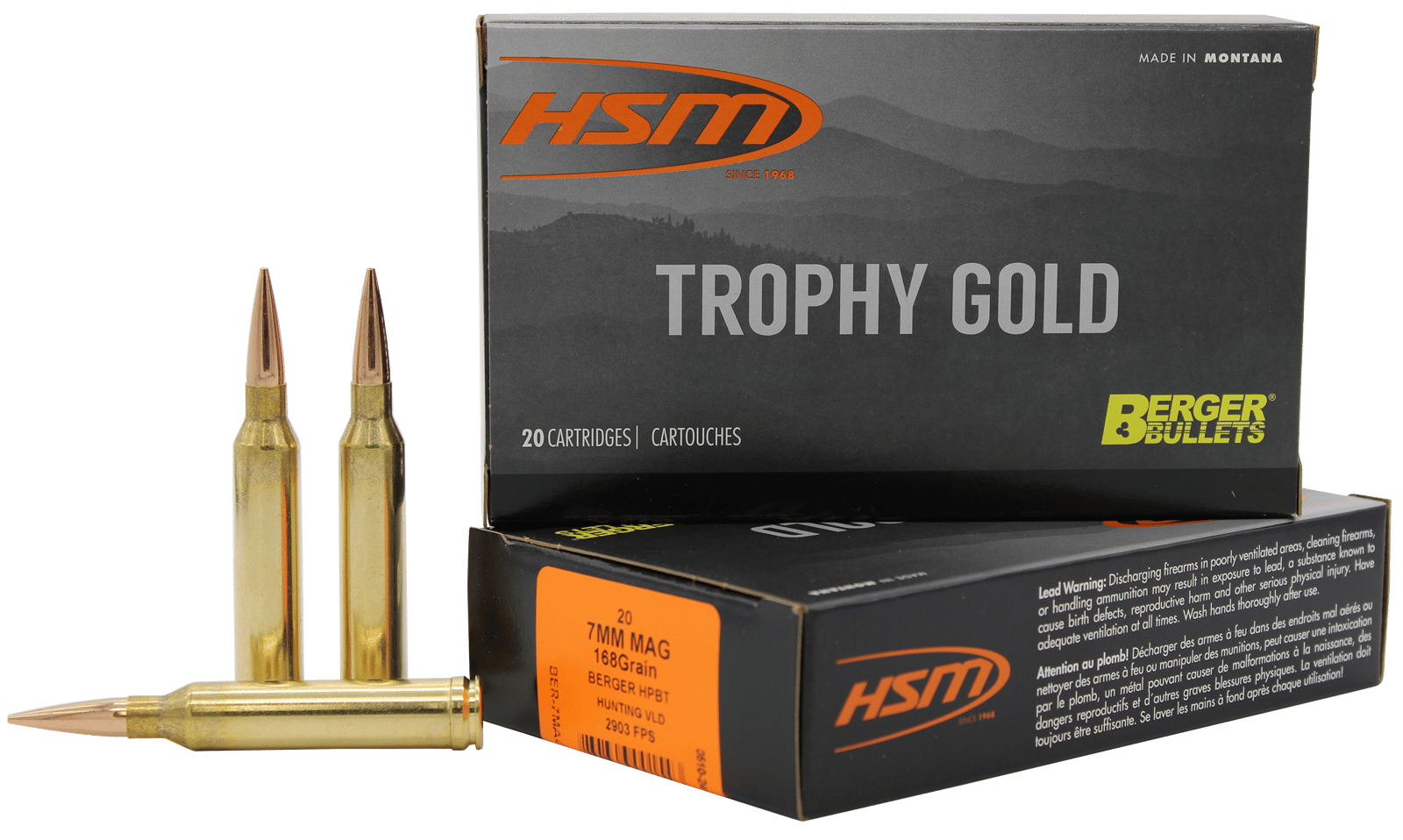 HSM 7MAG168VLD Trophy Gold Extended Range 7mm Rem Mag 168 gr Berger Hunting VLD Match 20 Per Box/ 20 Case