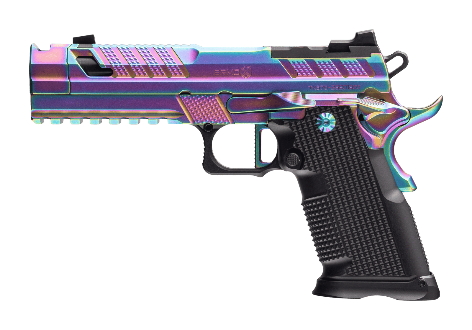Fusion Firearms XP-COMP-9-RBW Hydra XP-Comp Sports South Exclusive 9mm Luger 15+1 17+1 4.60" Compensated Barrel, Rainbow PVD Optic Ready Slide, Rainbow PVD Steel Frame w/Beavertail & Picatinny Rail, R