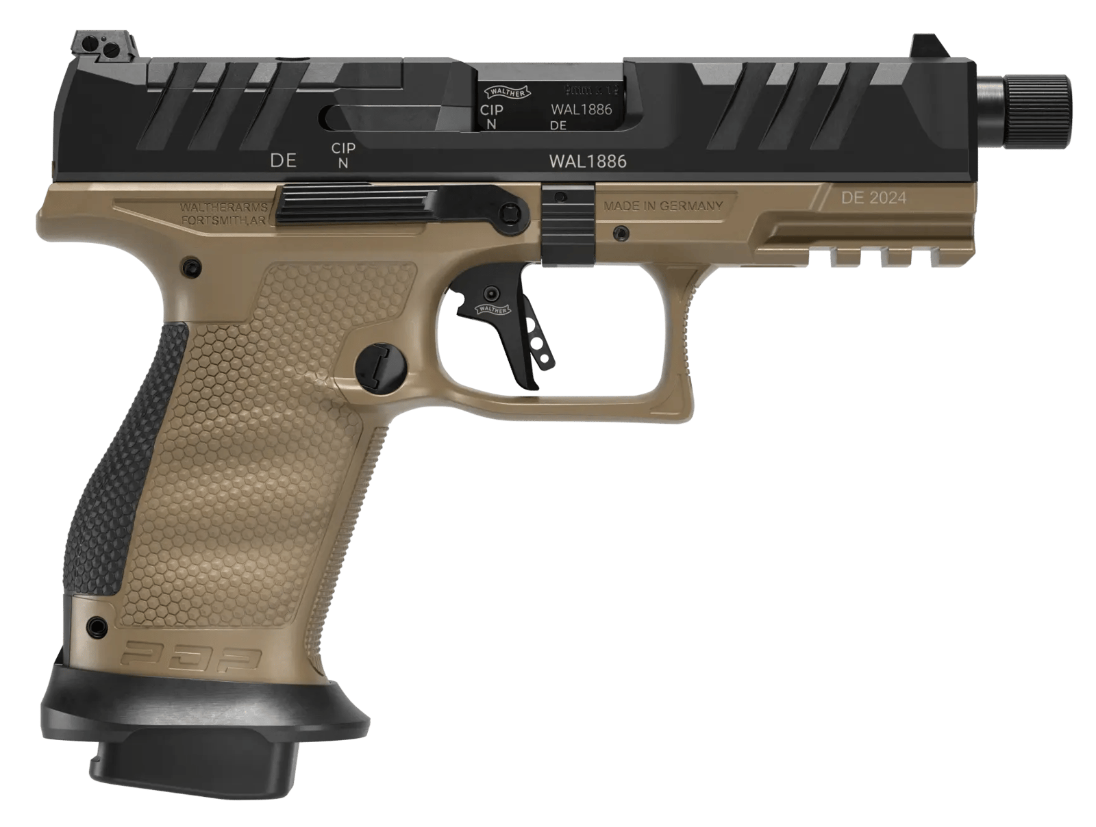 Walther Arms 2880008 PDP Pro SD Compact 9mm Luger 10+1 4.60" Black Threaded Barrel, Black Optic Ready/Serrated Slide, Flat Dark Earth Polymer Frame w/Picatinny Rail, Textured Polymer Grip