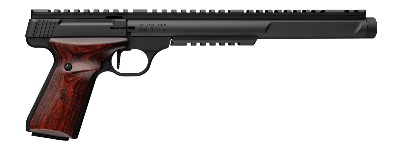 Browning 051613490 Buck Mark Hunter Varmint SR 22 LR 10+1 10.50" Matte Black Threaded Barrel, Matte Black Aluminum Frame w/Top & Lower Picatinny Rail, Rosewood Laminate w/Buckmark Grip