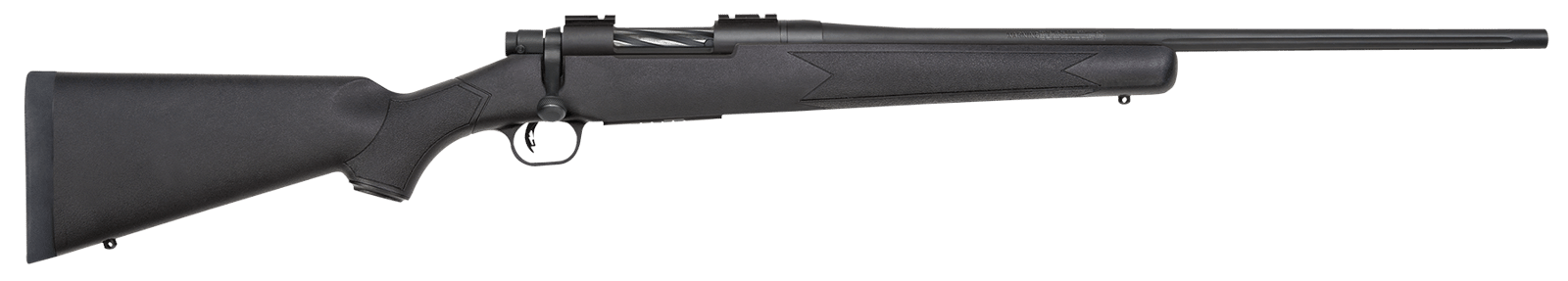 Mossberg 27843 Patriot  Full Size 22-250 Rem 5+1 22" Matte Blued Fluted Barrel, Drilled & Tapped Matte Blued Stainless Steel Receiver, Black Fixed Synthetic Stock, Right Hand