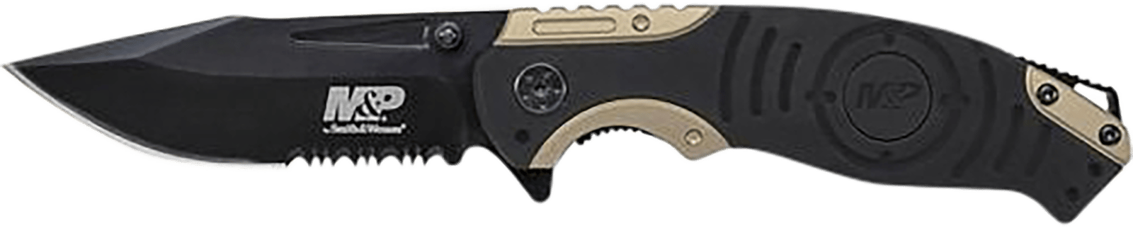 Smith & Wesson Knives SWP13BSCP M&P  3.50" Folding Drop Point Part Serrated Stonewashed 8Cr13MoV SS Blade/Black & Tan Aluminum Handle Includes Pocket Clip