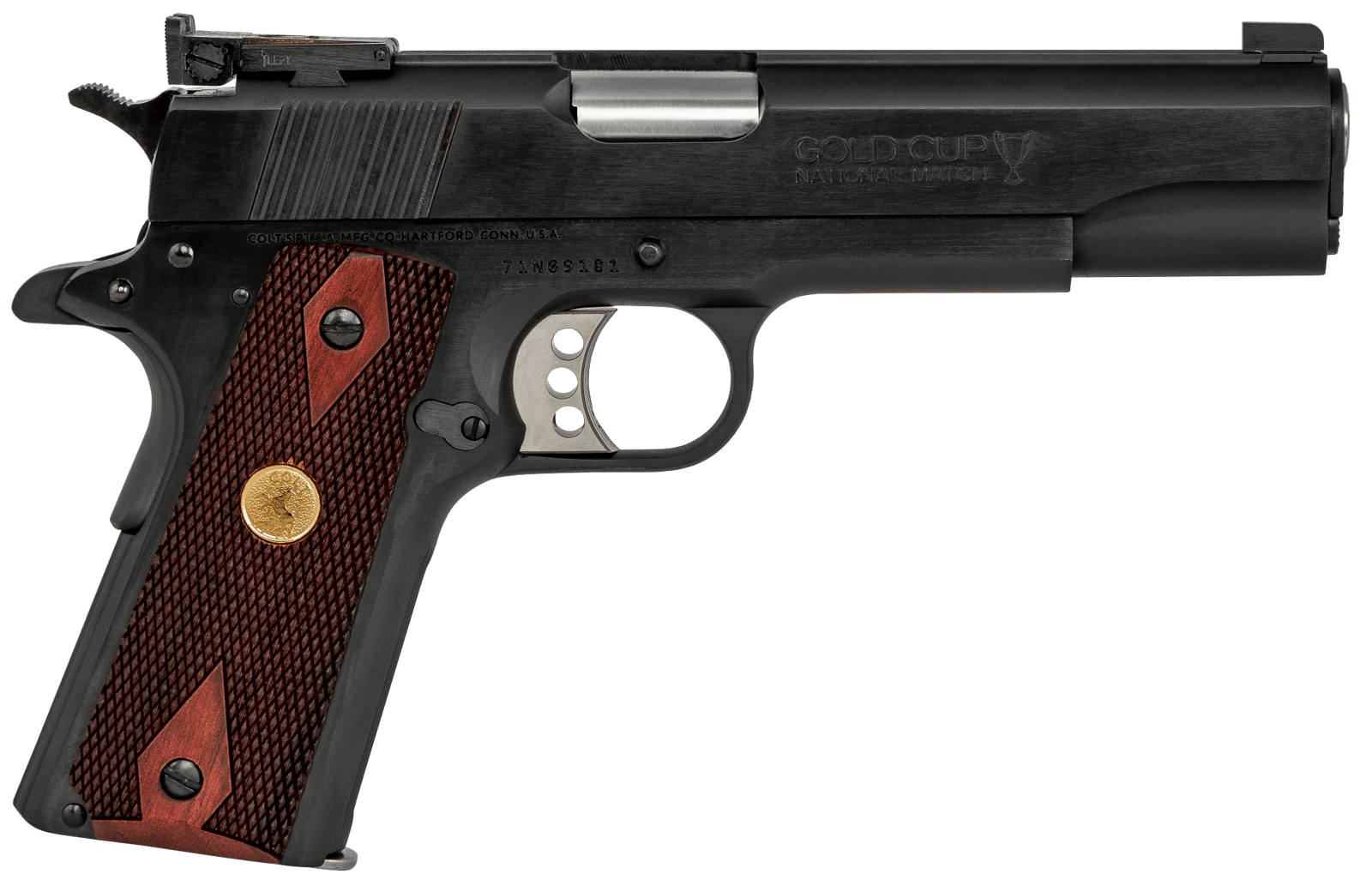 Colt Mfg O5873A1 1911 Gold Cup 38 Super Caliber with 5" National Match Barrel, 9+1 Capacity, Overall Blued Finish Steel, Serrated Slide & Double Diamond Checkered Rosewood Grip