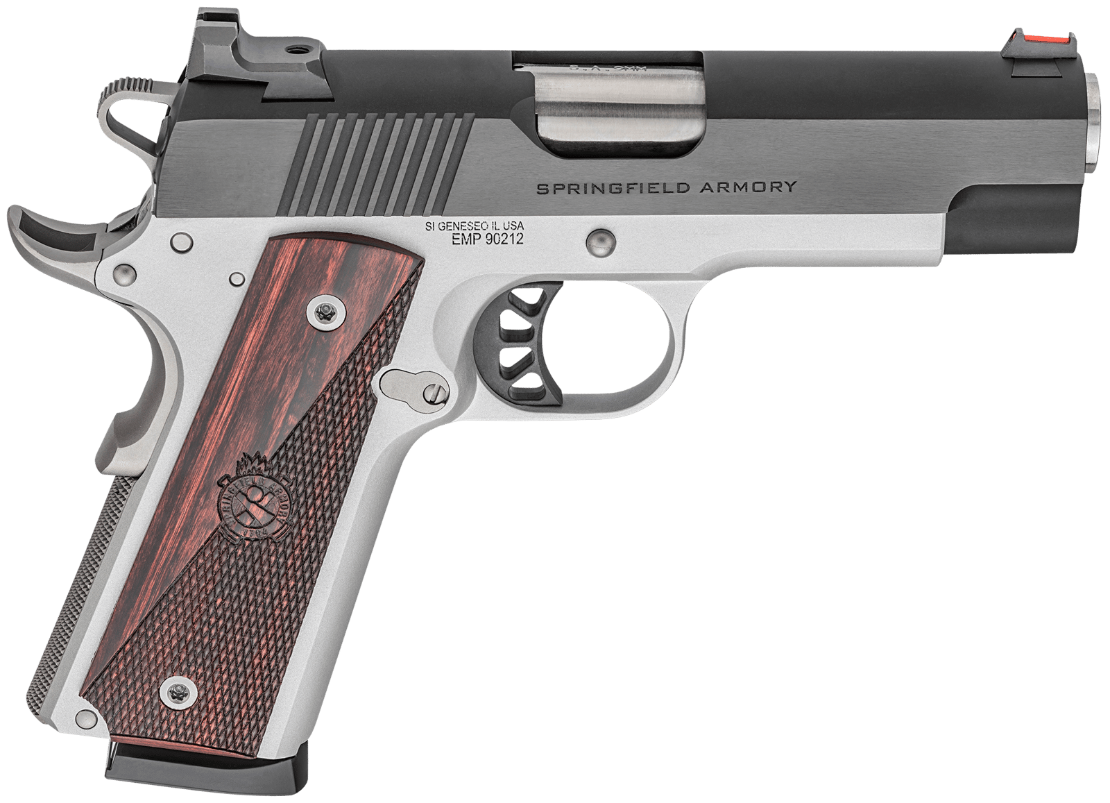 Springfield Armory PX9124L 1911 Ronin EMP 9mm Luger 10+1, 4" Stainless Match Grade Bull Steel Barrel, Blued Serrated Carbon Steel Slide, Satin Cerakote Aluminum Frame w/Beavertail, Textured Wood Grip