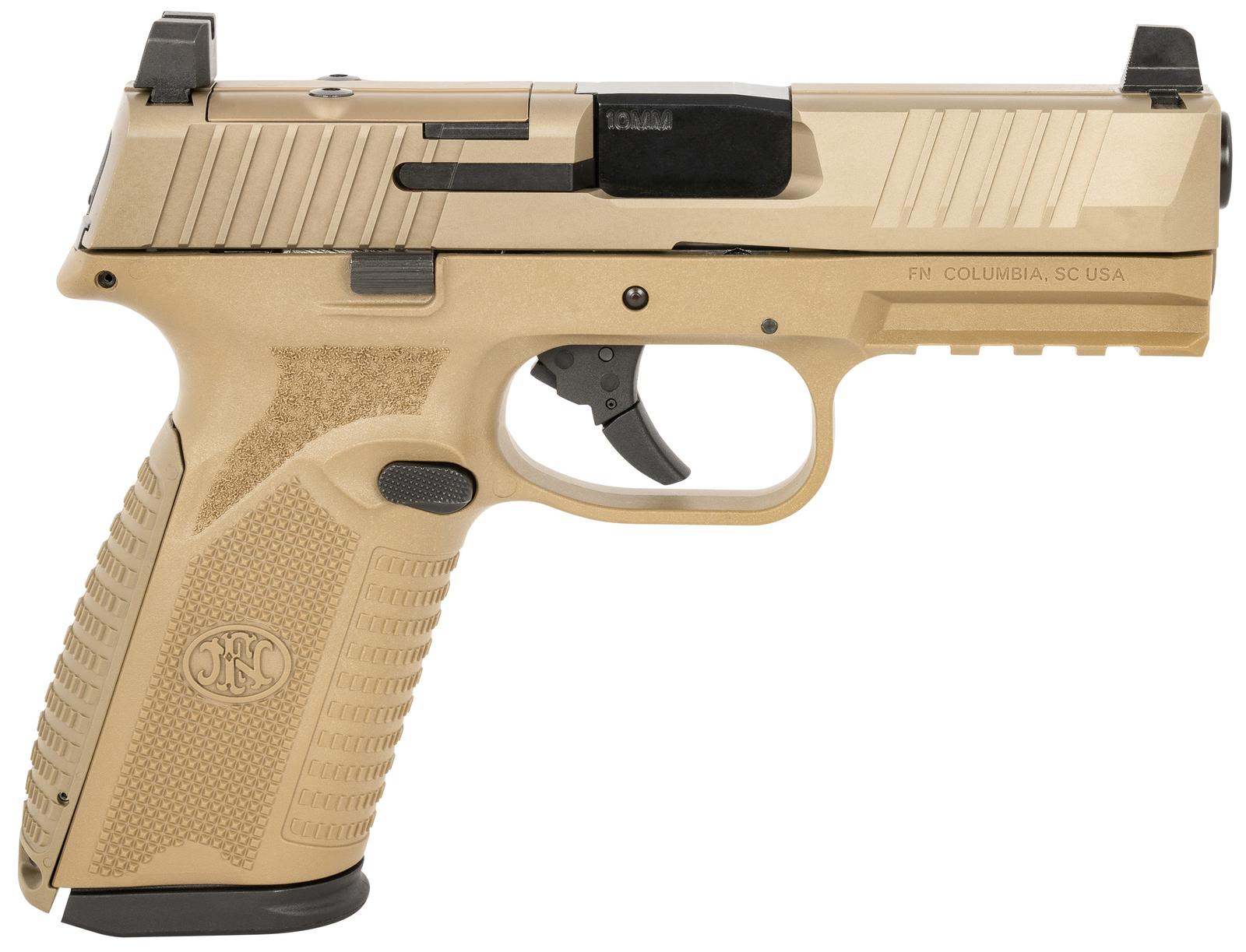 FN 66101380 510 MRD Full Size 10mm Auto 15+1, 4.10" Black Target Crown Steel Barrel, Flat Dark Earth PVD Optic Cut/Serrated Steel Slide & Polymer Frame w/Picatinny Rail, Ambidextrous