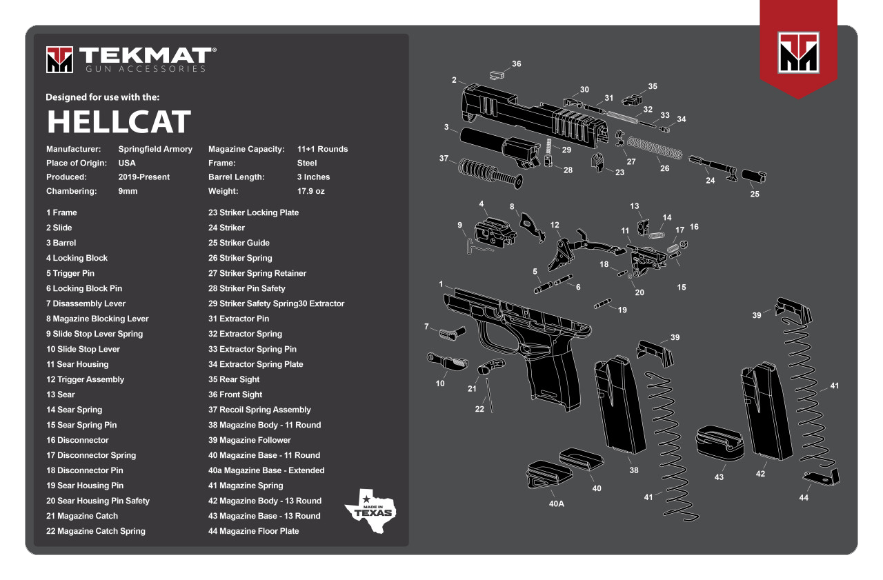 TekMat TEKR17HELLCAT Springfield Armory Hellcat Cleaning Mat Gray/White Rubber 11"x17" Springfield Hellcat Parts Diagram