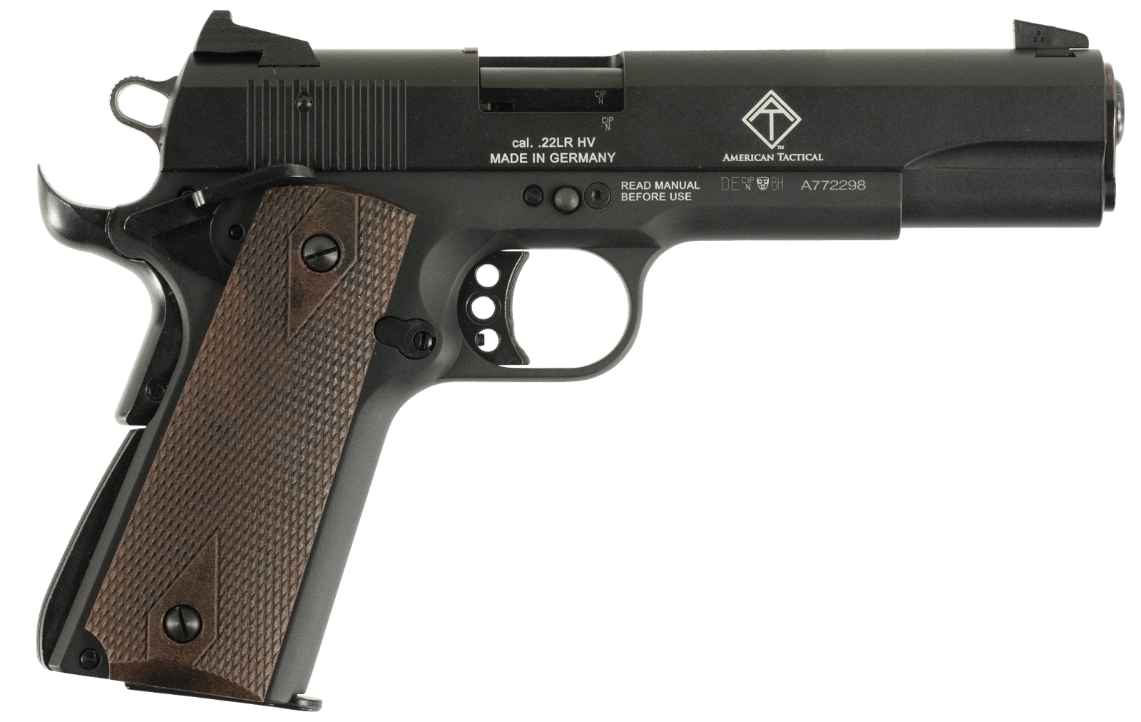 GSG GSG2210M1911 1911  22 LR 10+1 5" Threaded Barrel, Black Anodized Serrated Slide & Zinc Alloy w/Beavertail Frame, Double Diamond Walnut Grip