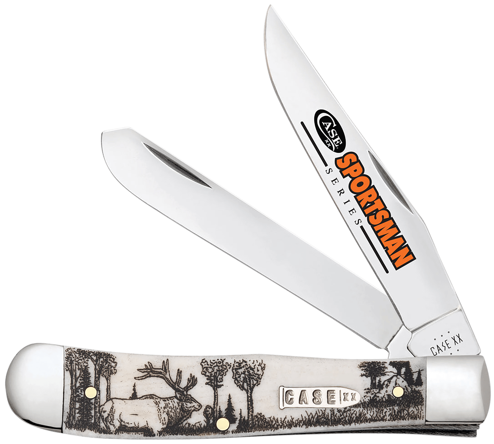 Case 81222 Trapper Sportsman Folding Clip Point/Spey Plain Mirror Polished Tru-Sharp SS Blade/Elk Embellished Natural Bone Handle