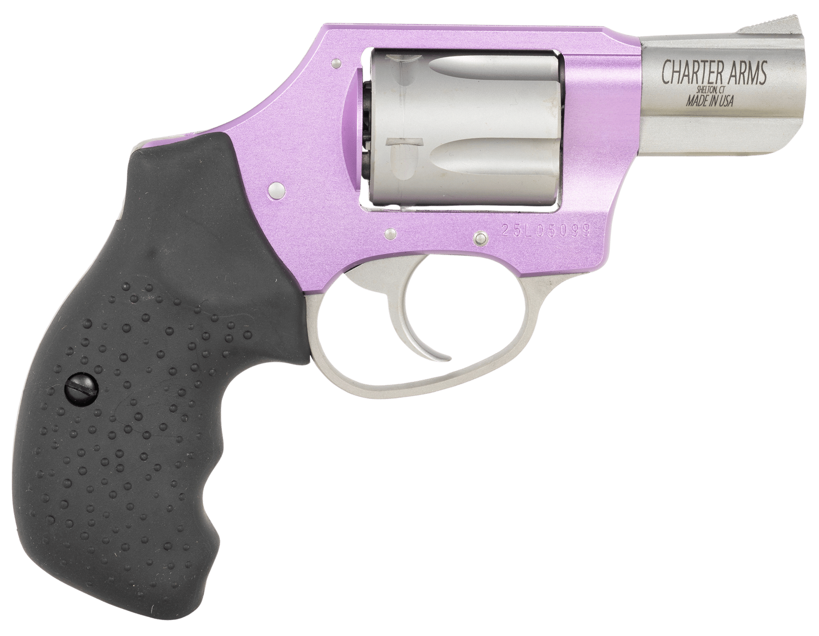 Charter Arms 53841 Undercover Lite Lavender Lady Small 38 Special 5rd 2" Stainless Steel Barrel & Cylinder, Lavender Aluminum Frame, Black Finger Grooved Rubber Grip, Concealed Hammer