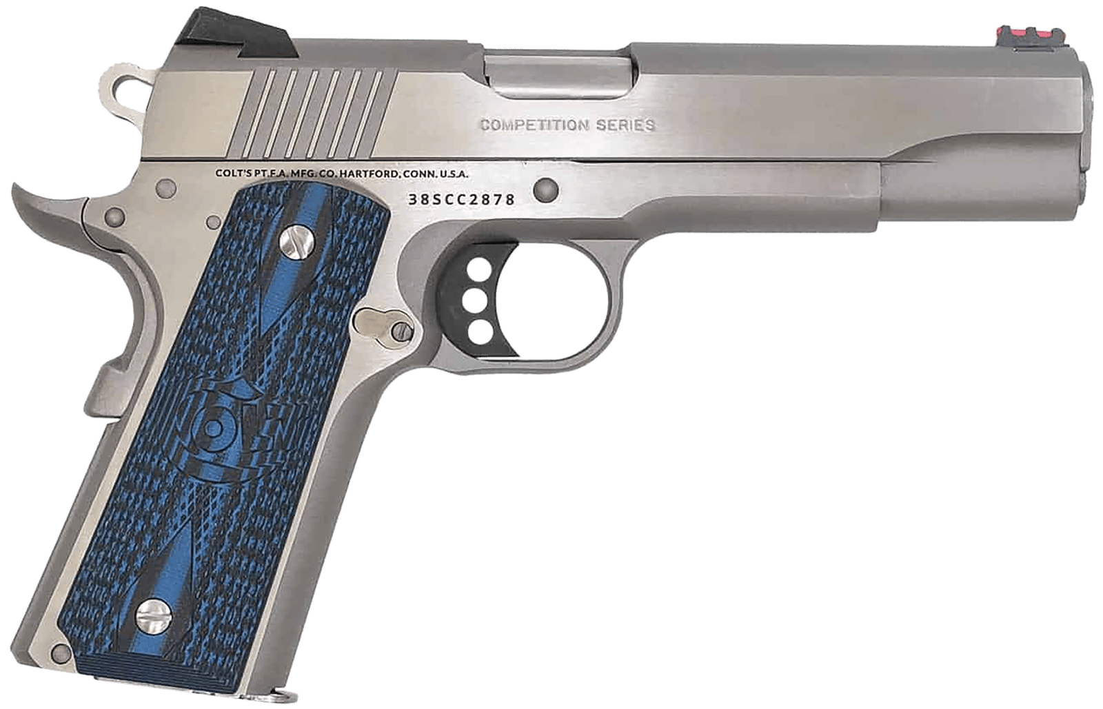 Colt Mfg O1073CCS Competition Government 38 Super 9+1 5" Stainless National Match Barrel, Serrated Slide & Frame w/Beavertail, Checkered Blue G10 Grip, Ambidextrous