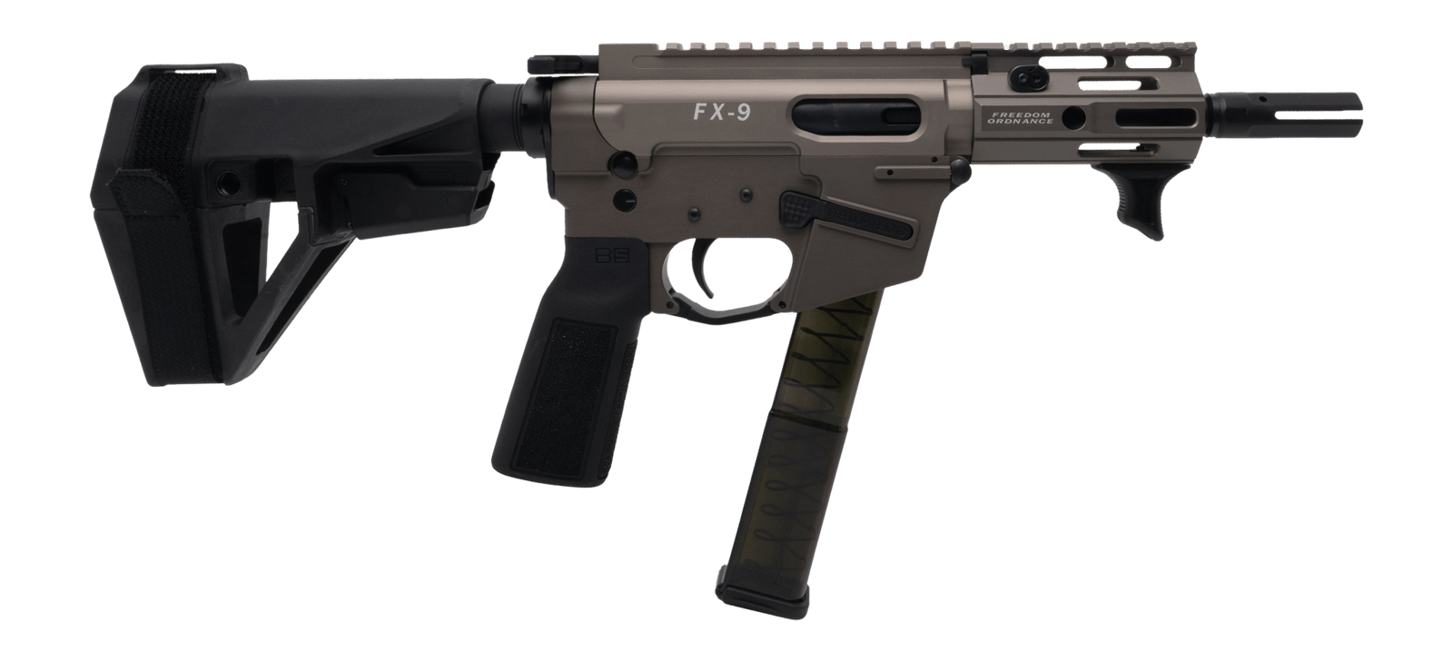 Freedom Ordance FX9P4E-FDE FX9P Elite 9mm Luger 4" Black Nitride Threaded Barrel, Flat Dark Earth Anodized Aluminum Receiver w/Picatinny Rail, M-LOK Handguard, Black Polymer SB Tactical SBA5 Brace, Bl