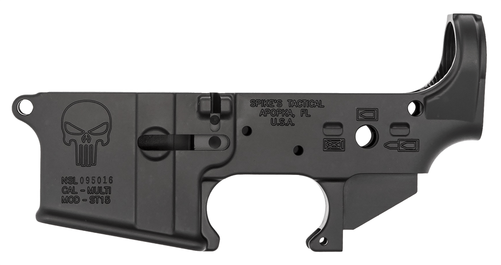 Spikes STLS015 Punisher Stripped Lower Receiver Multi-Caliber 7075-T6 Aluminum Black Anodized for AR-15