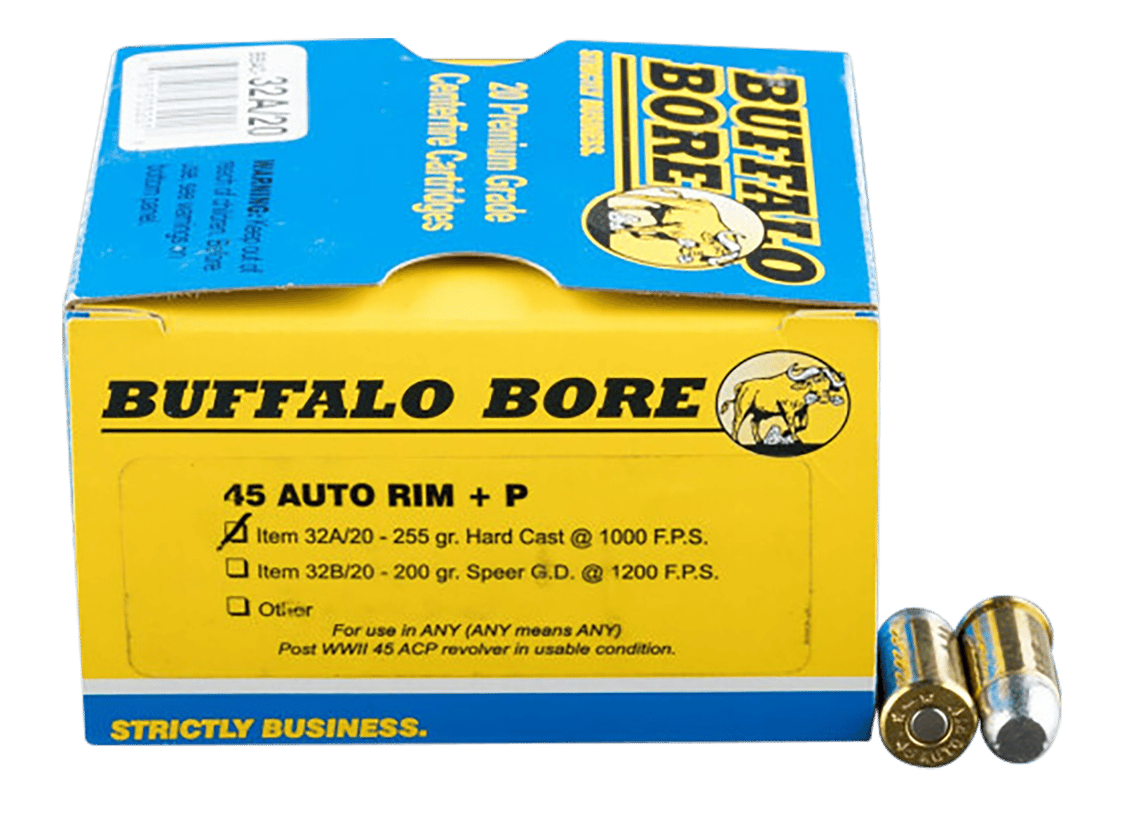 Buffalo Bore Ammunition 32A20 Personal Defense Strictly Business 45Auto Rim +P 255gr Hard Cast Flat Nose 20 Per Box/12 Case