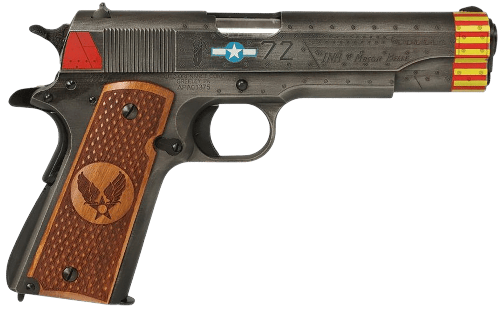Auto-Ordnance 1911BKOC18 1911 Red Tails Full Size Frame 45 ACP 7+1 5" Stainless Steel Barrel, Savage Cerakote Serrated Slide, Savage Cerakote Steel Frame w/Beavertail, Custom Engraved Wood Grip