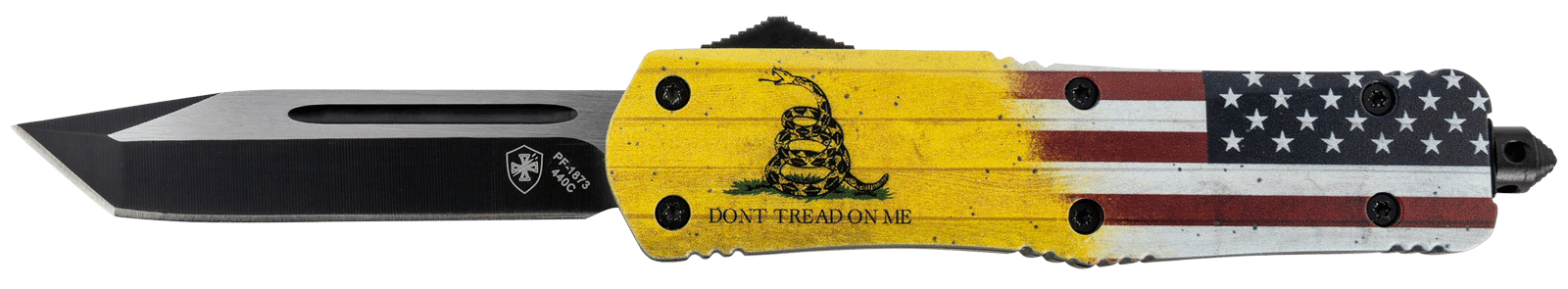 Templar Knife LDTOM231 Gen II Don't Tread On Me Large 3.50" OTF Tanto Plain Black Oxide Stonewashed 440C SS Blade, 5.25" Yellow w/Flag & "Don't Tread On Me" Aluminum Handle, Glass Breaker