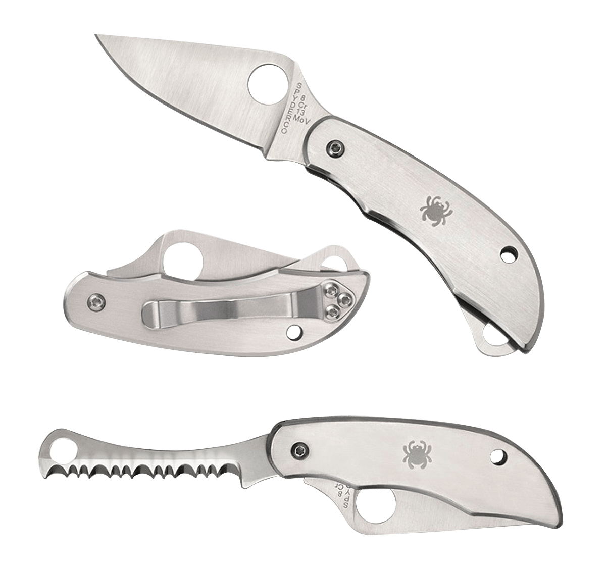 Spyderco C176P&S Clipitool  Silver Stainless Steel Folding 8Cr13MoV SS 4.57"/4.59" Long Part Serrated Blade Stainless Steel Handle Features Screwdriver/Opener