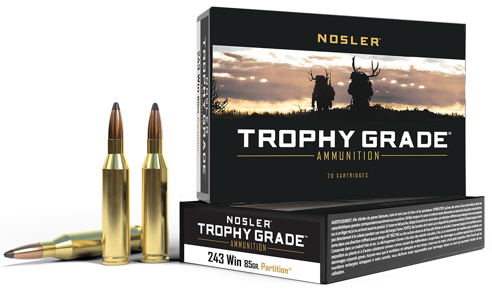 Nosler 60002 Trophy Grade  243Win 85gr Nosler Spitzer Partition 20 Per Box/10 Case