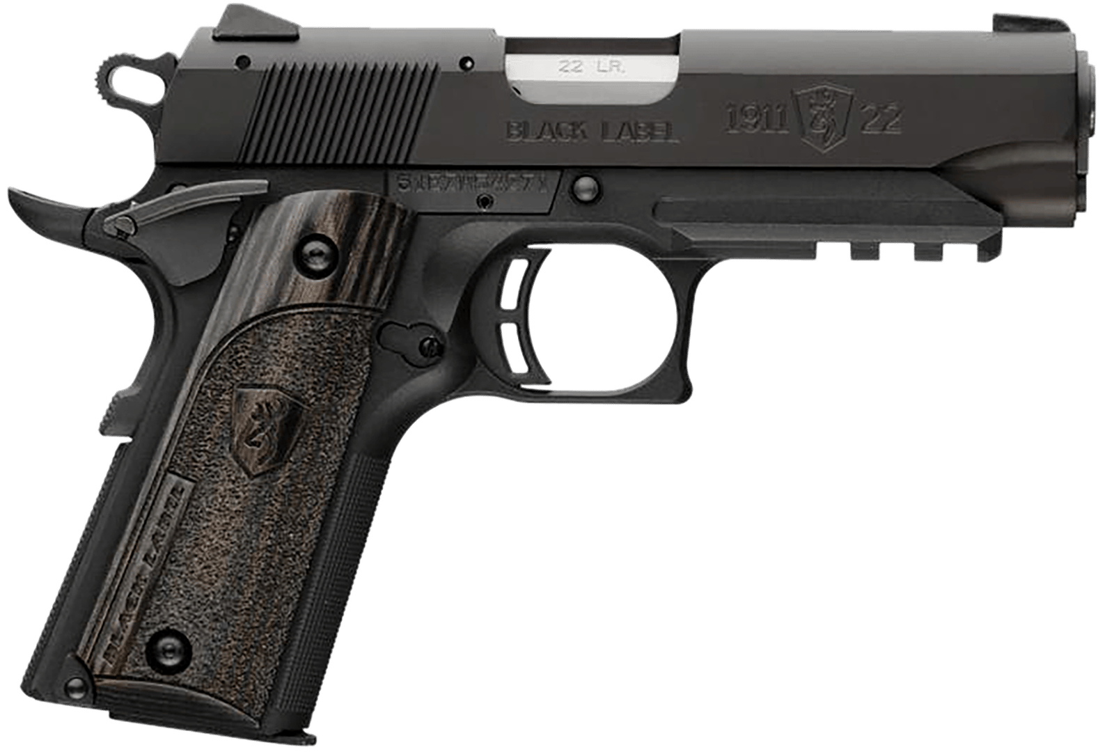 Browning 051817490 1911 Black Label Compact Frame 22 LR 10+1, 3.63" Stainless Steel Barrel, Matte Black Serrated Slide & Polymer Frame w/Beavertail & Picatinny Rail, Black Laminate Stippled Grip