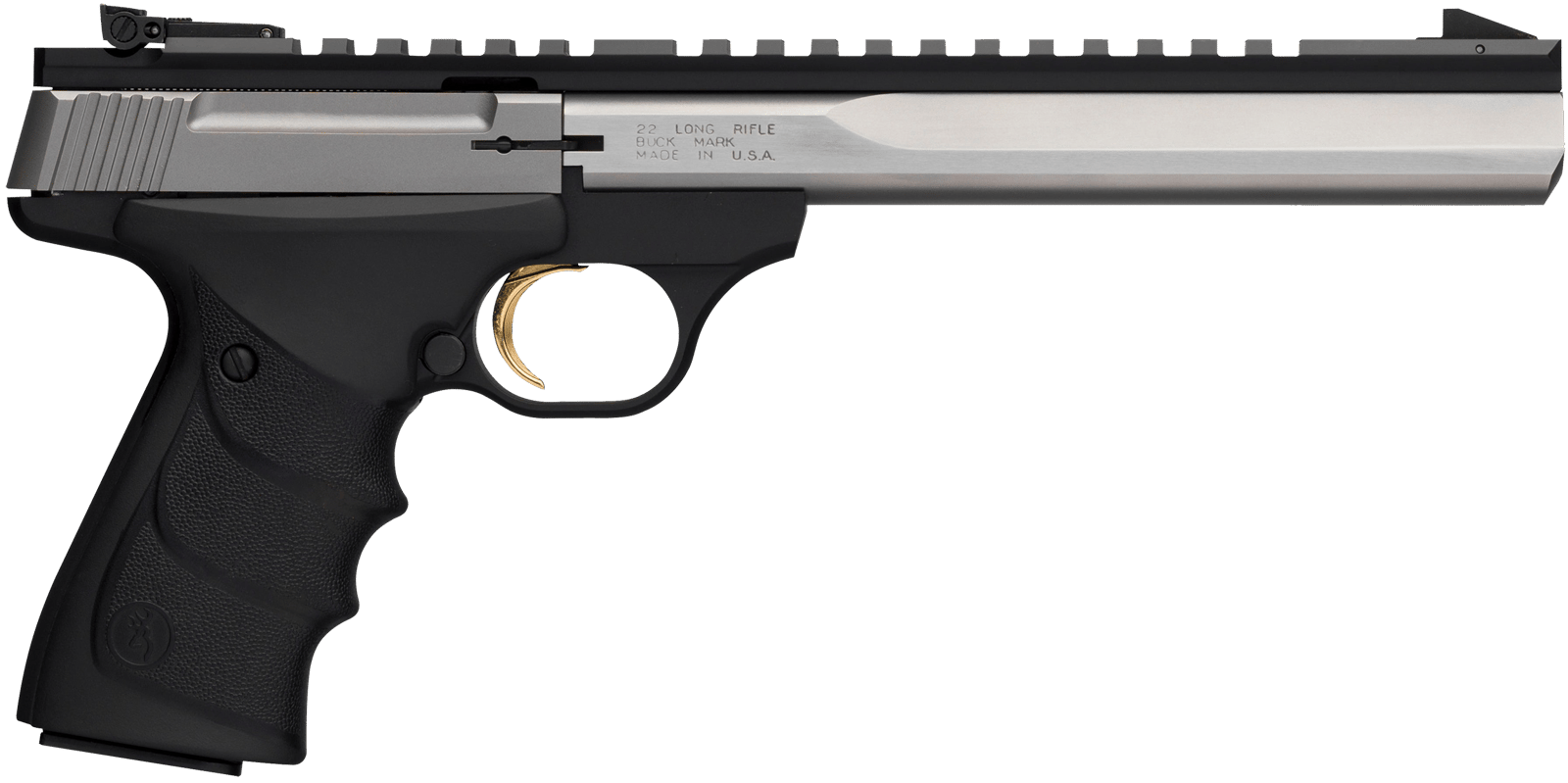 Browning 051508490 Buck Mark Contour 22 LR 10+1 7.25" Contoured Barrel, Matte Stainless Serrated Steel Optic Ready Slide, Matte Black Aluminum Frame, Finger Grooved Black Ultragrip RX Grip