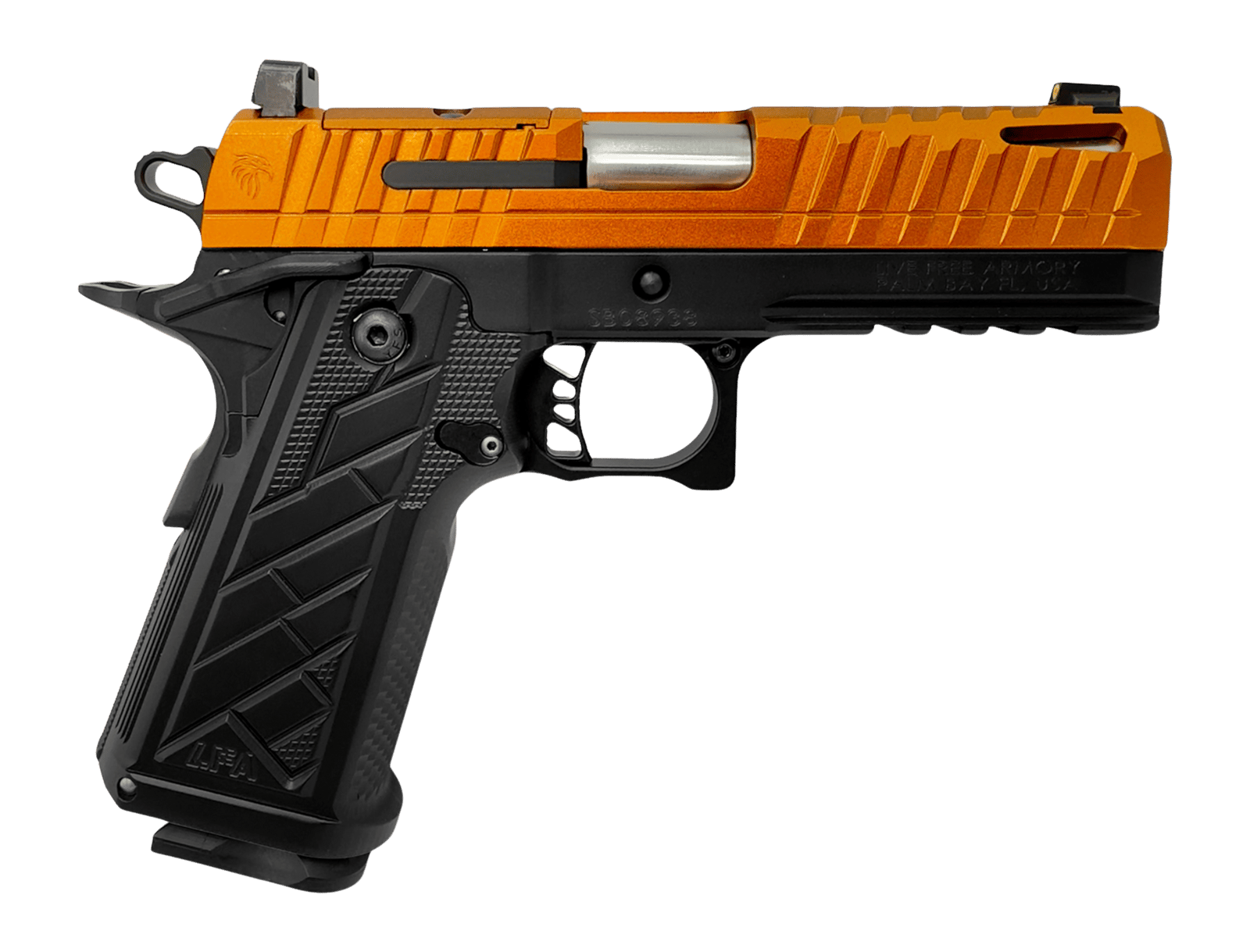Live Free Armory HG8643-N Apollo 11 V2 Compact 9mm Luger 18+1 4.15" Stainless Barrel, Copper FX Cerakote Steel Optic Ready/Serrated Slide, Black Cerakote Steel Frame w/Beavertail & Picatinny Rail, Bla