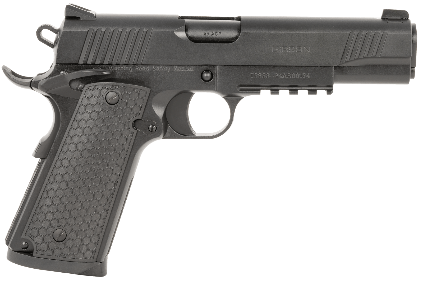 Girsan 392060 MC1911 S Untouchable Full Size 45 ACP 8+1 5" Black Steel Barrel, Black Serrated Steel Slide & Frame w/Beavertail & Picatinny Rail, Black Polymer Grip