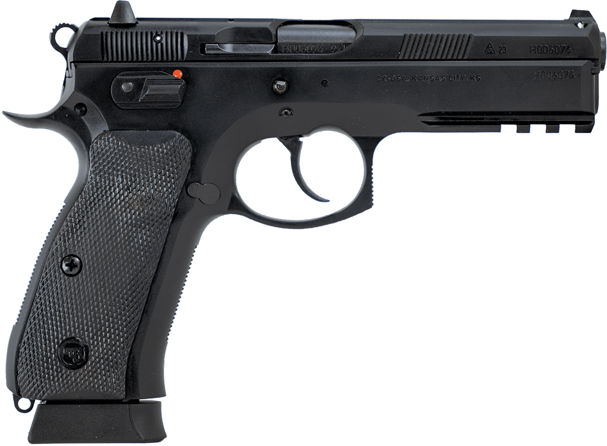 CZ-USA 89352 75 SP-01  Full Size Frame 9mm Luger 19+1 4.60" Black Steel Barrel, Black Steel Serrated Slide, Black Polycoat Steel Frame w/Beavertail & Picatinny Rail, Black Rubber Grip, Right Hand