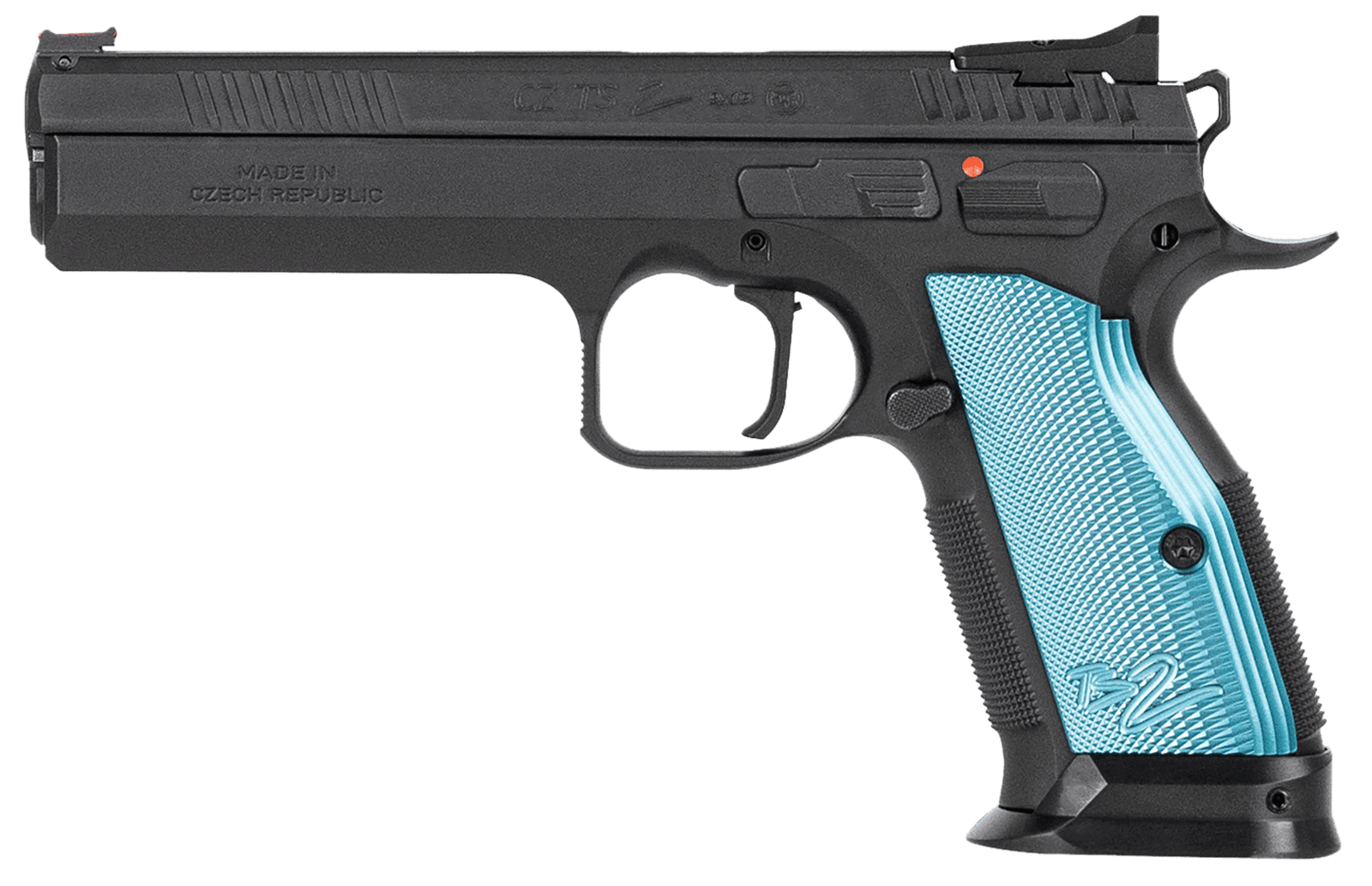 CZ-USA 01220 TS 2  9mm Luger 10+1 5.28" Black Steel Barrel, Black Nitride Serrated Slide, Black Steel Frame w/Beavertail, Blue Textured Aluminum Grip