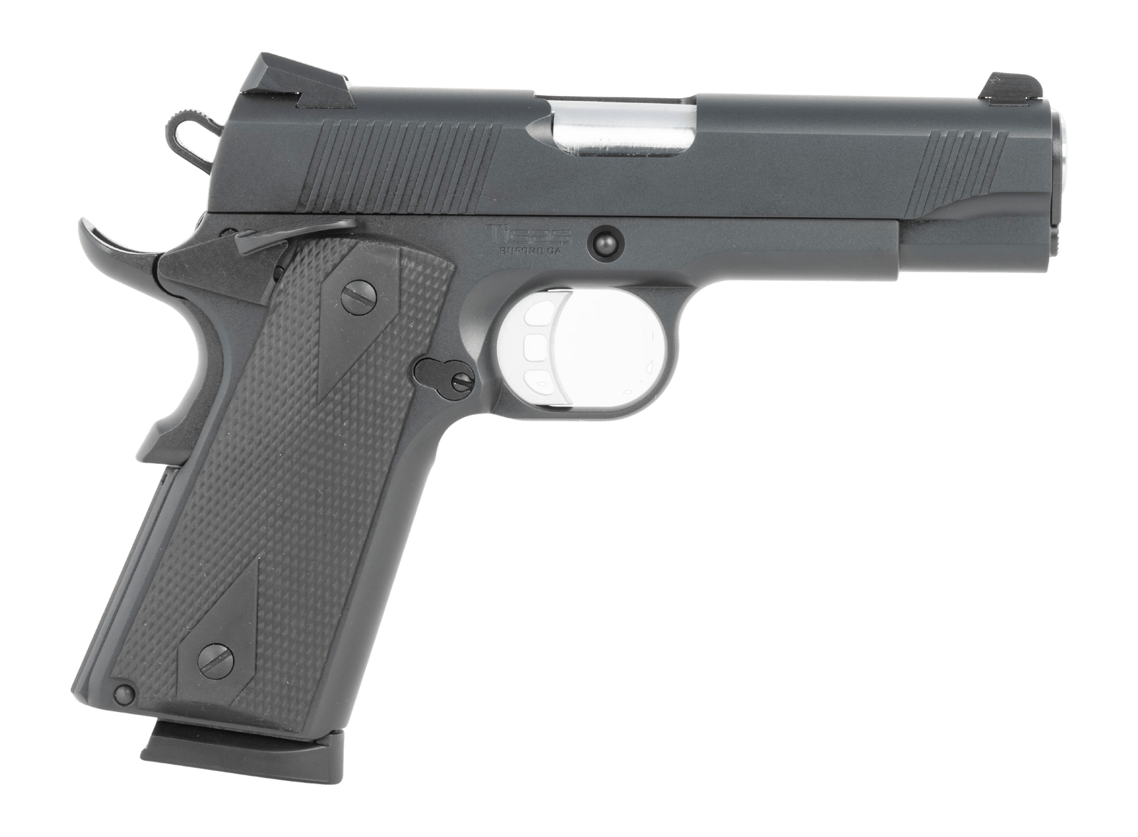 Tisas Arms 10100119 1911  Carry 45 ACP 8+1 4.25" Black Cerakote Carbon Steel Serrated Slide & Frame w/Beavertail, Black Rubber Grip