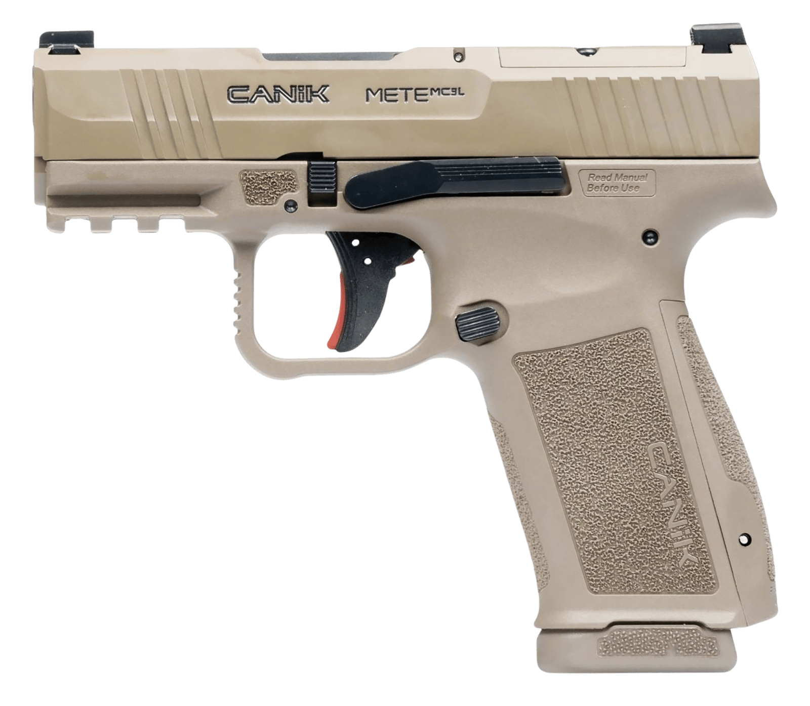 Canik HG7884CAD-N Mete MC9L *CA Compliant 9mm Luger 10+1 3.18" Black Steel Barrel, Desert Cerakote Steel Serrated Slide, Flat Dark Earth Polymer Frame w/Picatinny Rail, Interchangeable Backstrap Grip