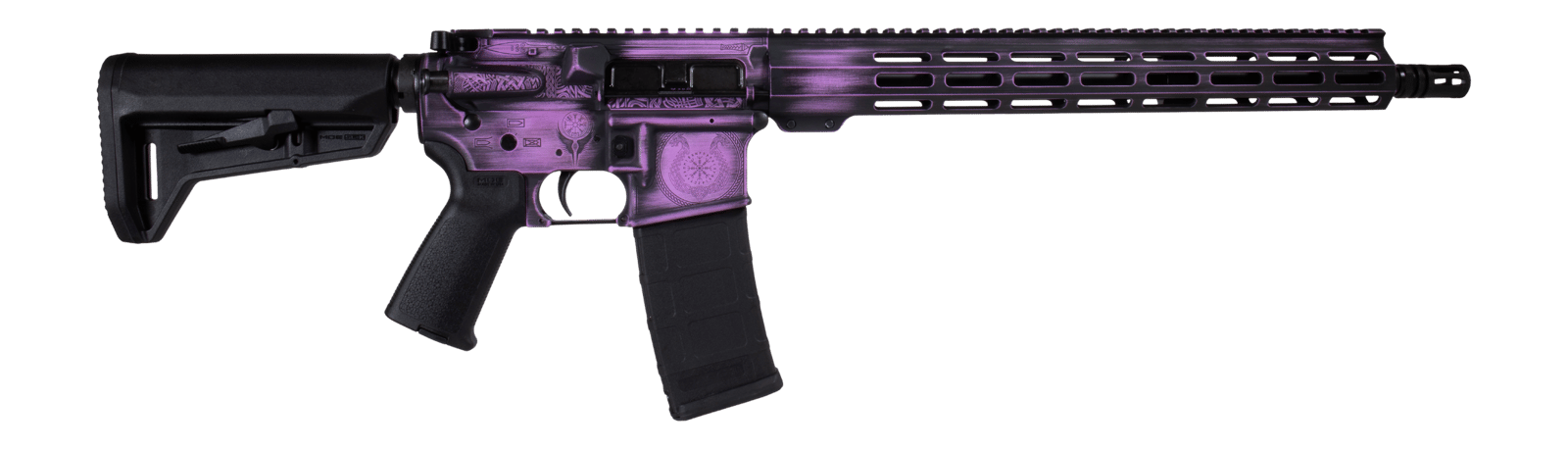 Shark Coast Tactical 300-133-1000-25 Valkyrie 5.56 NATO 30+1 16" Black Melonite Threaded Barrel, Distressed Purple Cerakote w/Norse Engraving Aluminum Receiver w/Picatinny Rail, M-LOK Handguard, Magpu