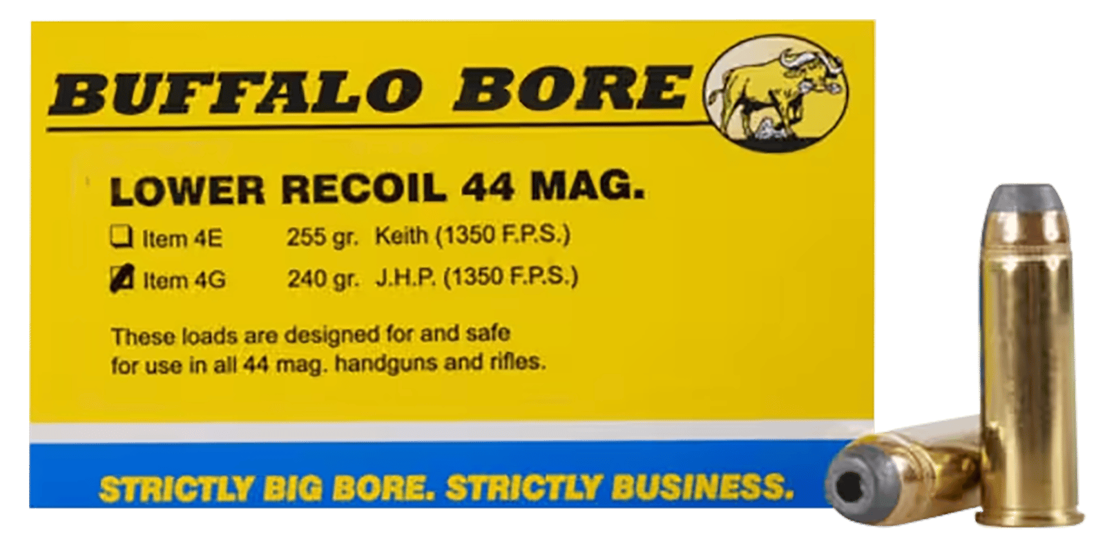 Buffalo Bore Ammunition 4G20 Low Recoil Strictly Business 44Rem Mag 240gr Jacket Hollow Point 20 Per Box/12 Case