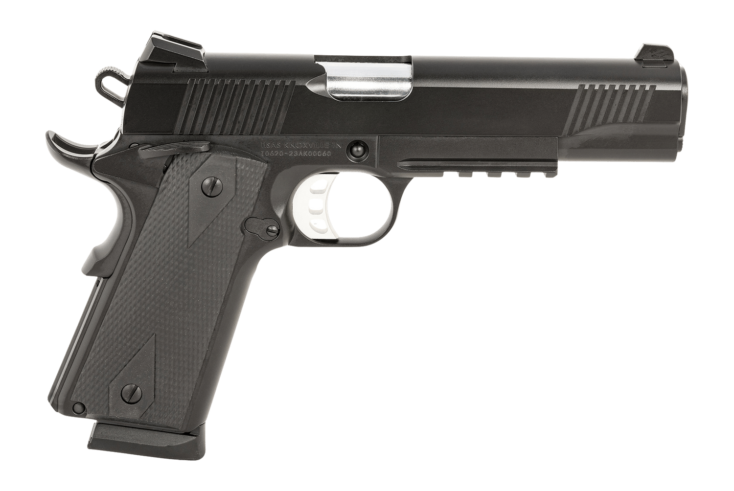Tisas Arms 10100529 1911 Duty 45 ACP 8+1 5" Stainless Steel Barrel, Black Carbon Steel Serrated Slide & Frame w/Picatinny Rail, Black Rubber Grip