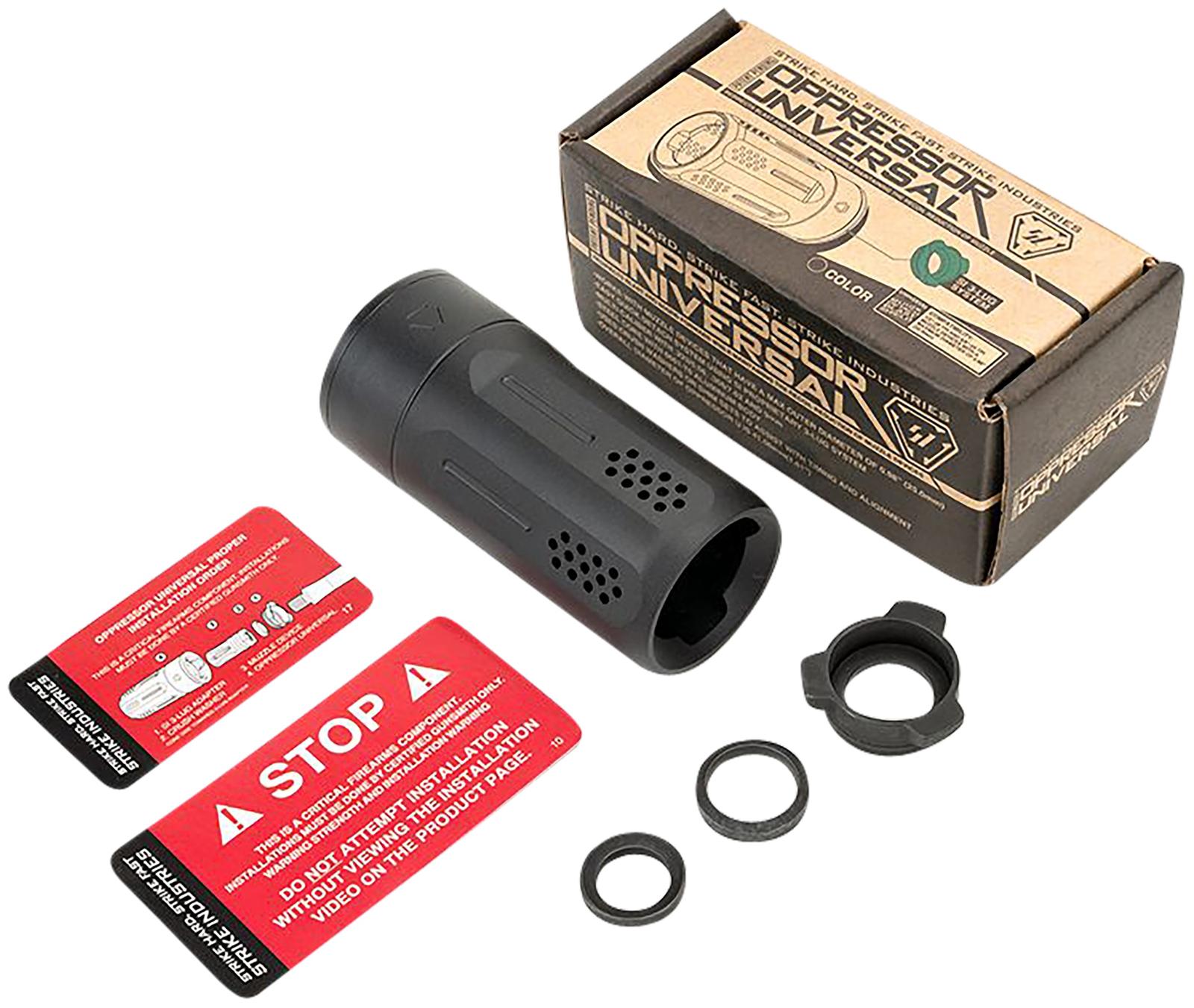 Strike Industries BSOPPRESSORUBK Oppressor Universal Blast Shield Multi-Cal 3.37"L 1.61"D Black Anodized Steel/Aluminum for Barrels with 1/2" & 5/8" Threads (Max .98"D Barrels)