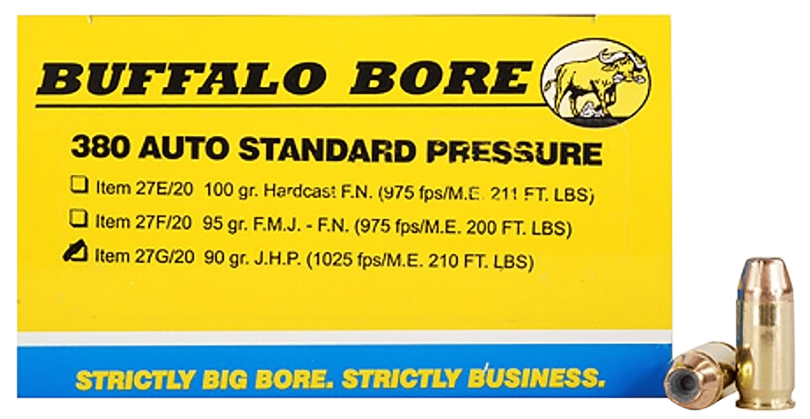Buffalo Bore Ammunition 27G20 Standard Pressure Strictly Business 380ACP 90gr Jacket Hollow Point 20 Per Box/12 Case