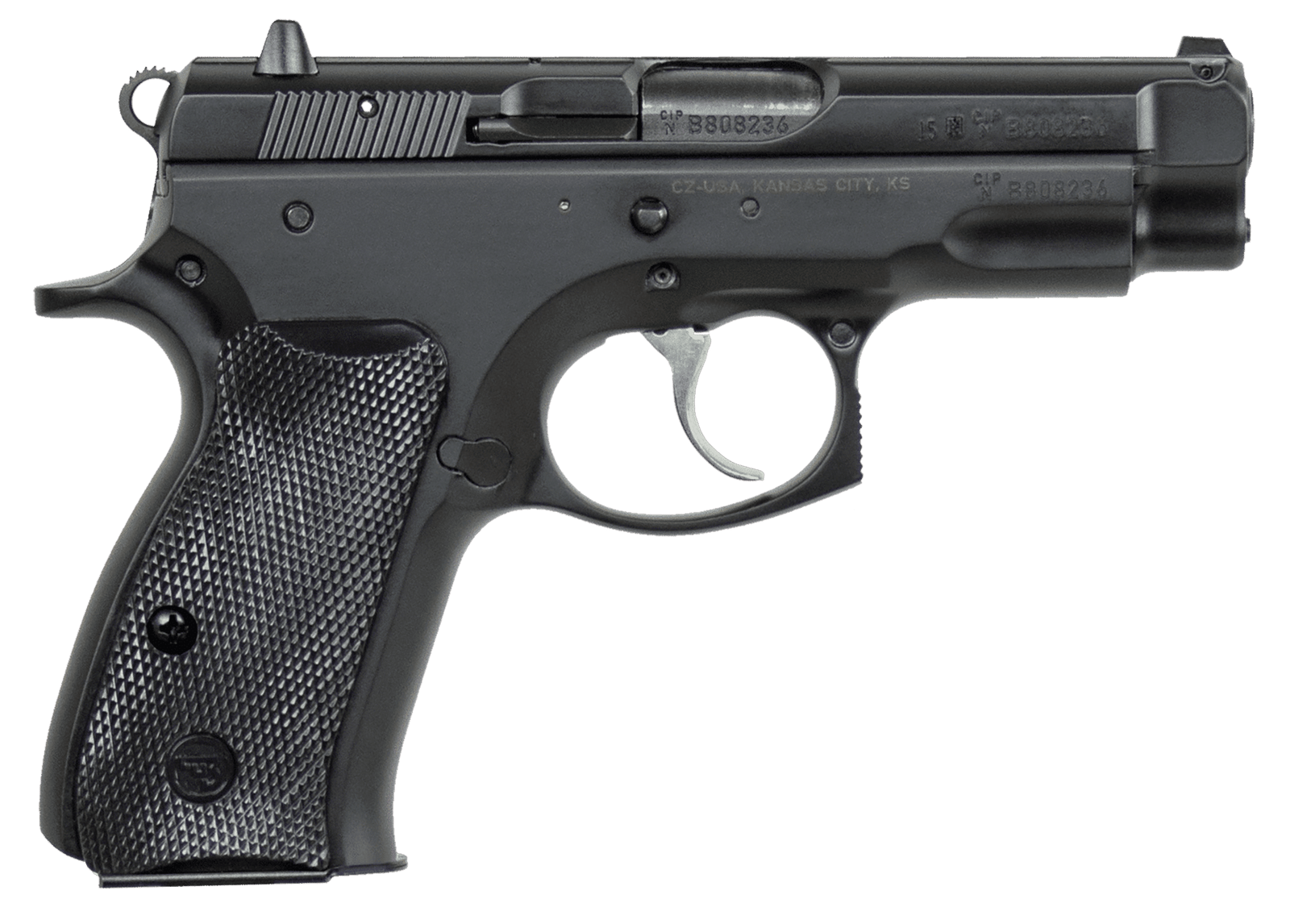 CZ-USA 01190 75  Compact 9mm Luger 10+1 3.75" Black Steel Barrel & Serrated Slide, Black Polycoat Steel Frame w/Beavertail, Black Plastic Grip, Right Hand