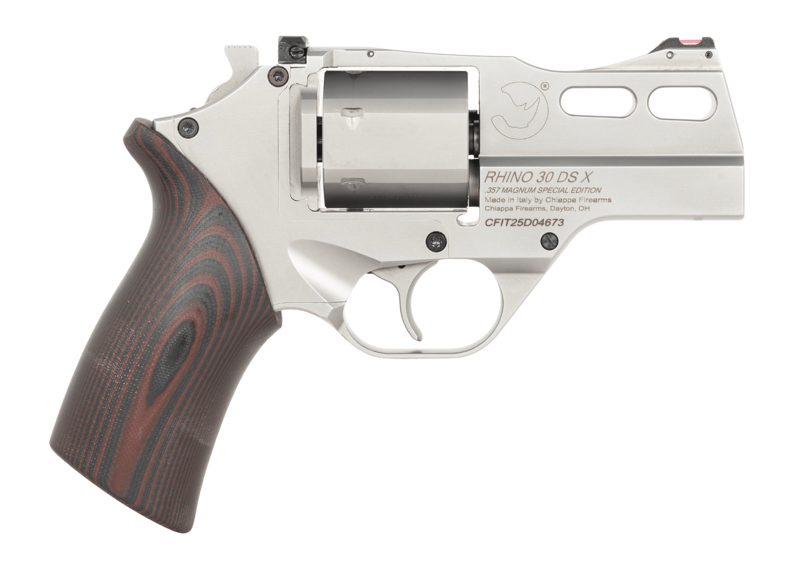 Chiappa Firearms CF340353 Rhino 30SARX *CA Compliant 357 Mag 6 Shot 3" Stainless Steel Barrel & Cylinder, Stainless Alloy Frame, Black/Red G10 Grip