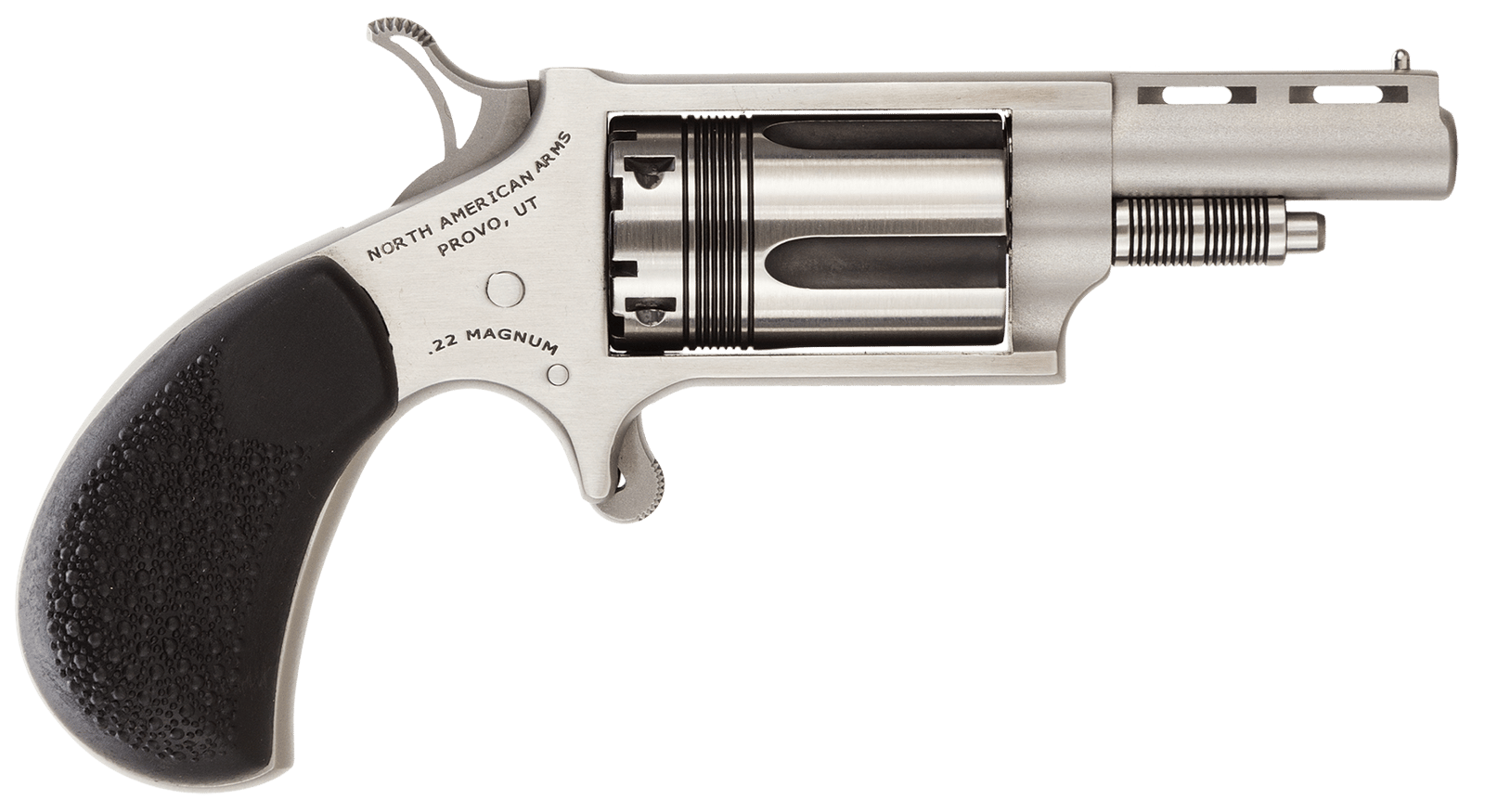North American Arms 22MTW Wasp  22 WMR 5 Shot 1.63" Stainless Steel Vent Rib Barrel, Stainless Steel Frame & Cylinder, Black Pebbled Rubber Grip, Exposed Hammer