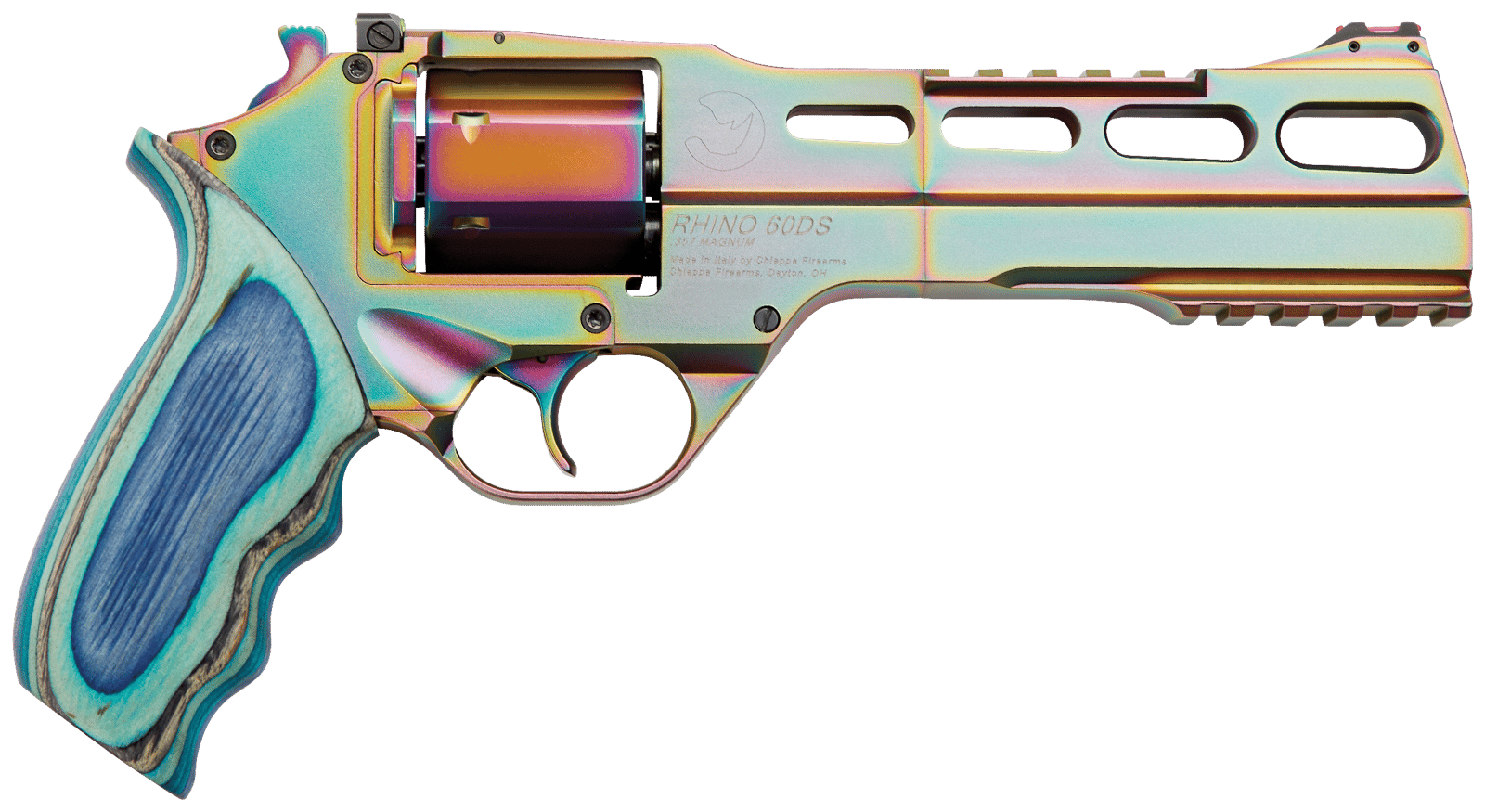 Chiappa Firearms CF340301 Rhino 60SAR Nebula *CA Compliant 357 Mag Caliber with 6" Picatinny Rail/Vent Rib, 6rd Capacity Cylinder, Rainbow PVD Metal Finish & Blue Laminate Grip