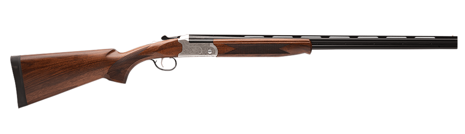 Stevens 22595 555 E Full Size 410 Gauge Break Open 3" 2rd 26" Black Satin Over/Under Vent Rib Barrel, Engraved Satin Silver Aluminum Receiver, Fixed Satin Turkish Walnut Stock, Ambidextrous